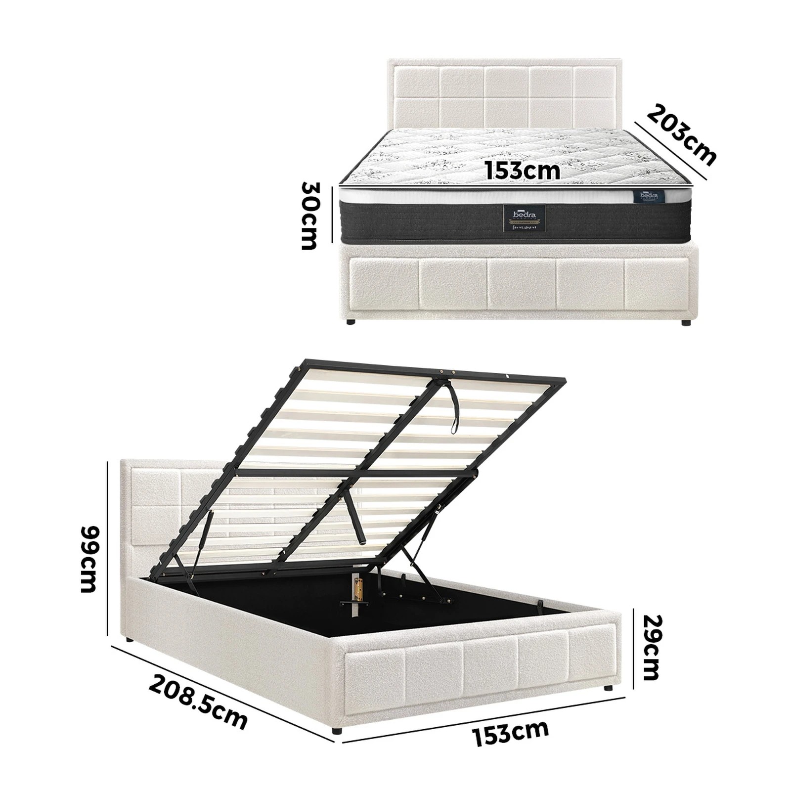 2 Oikiture Bed Frame Queen Size Gas Lift Storage With Mattress Set BOSS - White, 2 of 8
