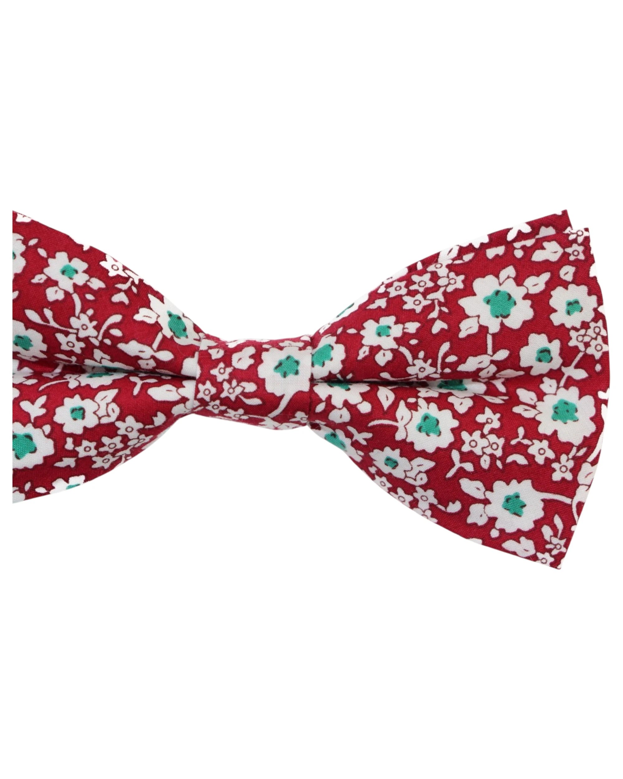 3 Zasel Mens Red With White & Green Flowers Cotton Bow Tie & Pocket Square Set - Multi - Multi, 3 of 5