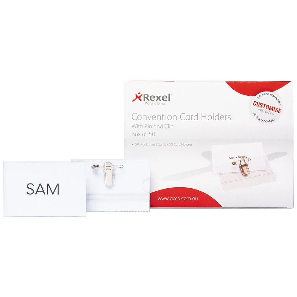 1 Rexel Convention Card Holders with Pin and Clip 50 Pack, 1 of 2