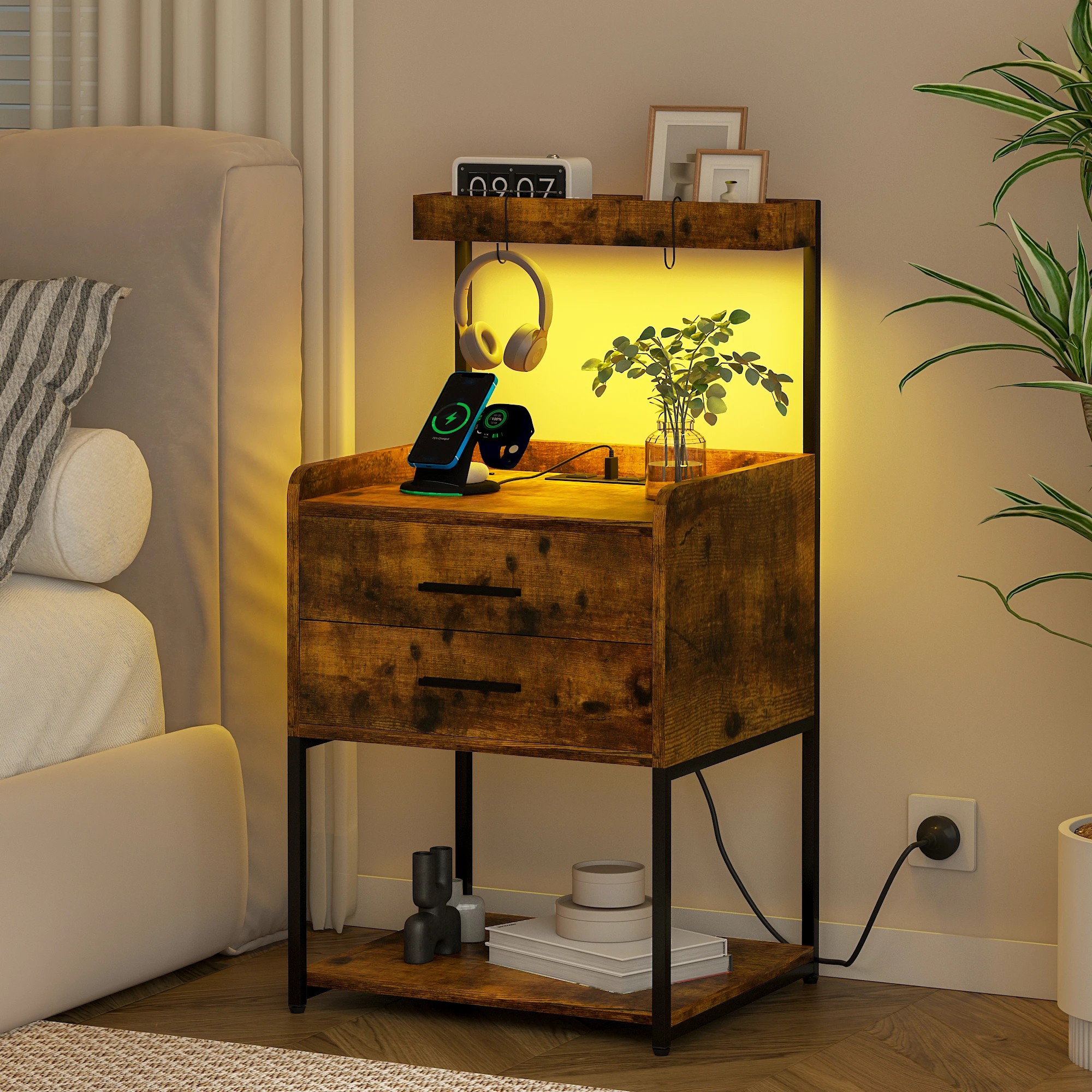 7 Advwin Set of 2 Bedside Table with Charging Station LED Lights Drawers - Brown, 7 of 10