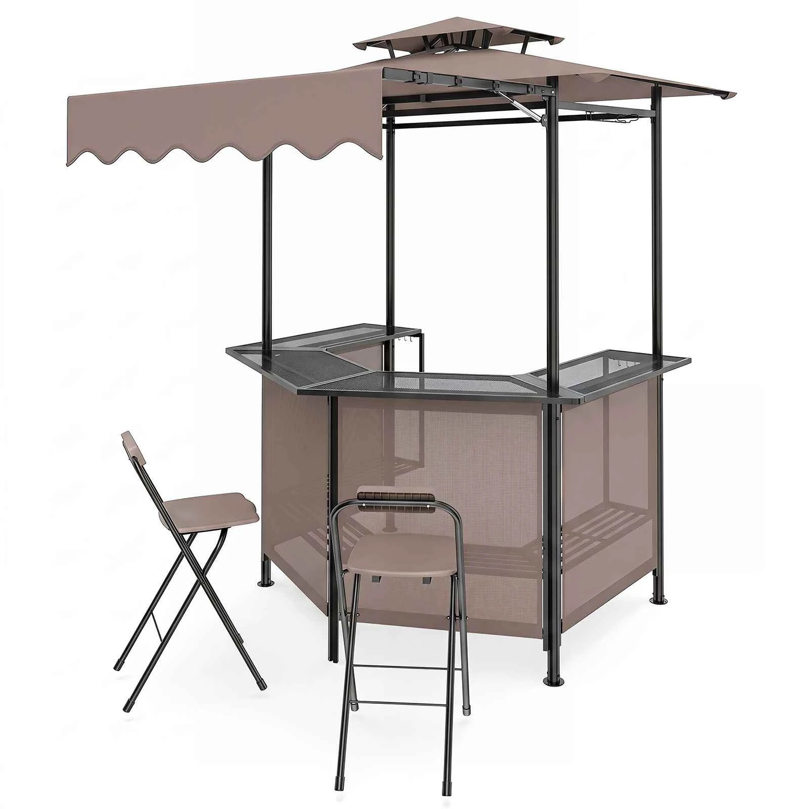 1 Costway 3-Piece Patio Bar Set Outdoor BBQ Canopy Table & 2 Folding Stool Grill Gazebo Shelter - Brown, 1 of 2