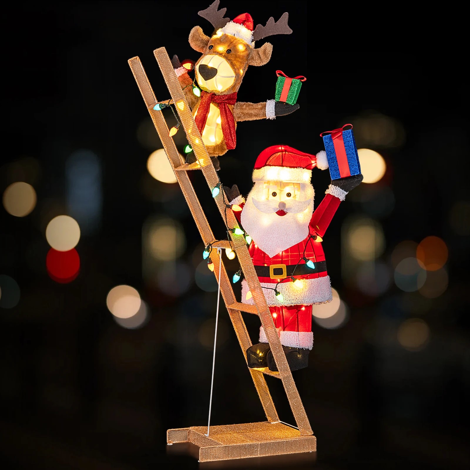 2 Costway Christmas Lighted Reindeer & Santa Claus on Ladder 166cm Pre-Lit Xmas Decoration, 2 of 5