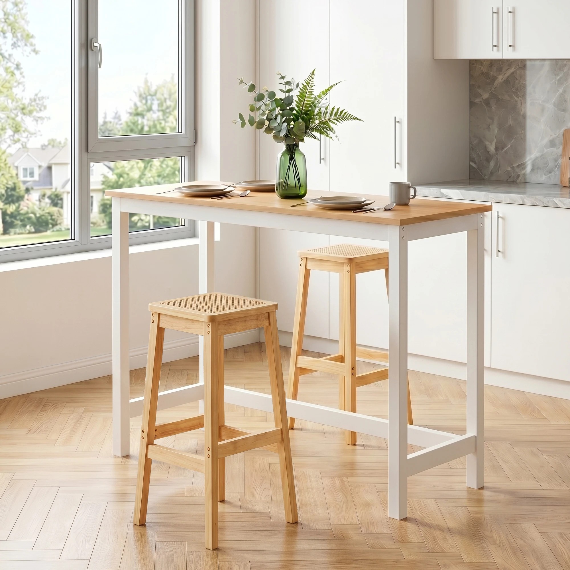 4 Artiss Bar Table and Stools Set Dining Desk Solid Wood Rattan Kitchen Chairs Cafe Pub - Natural, 4 of 9