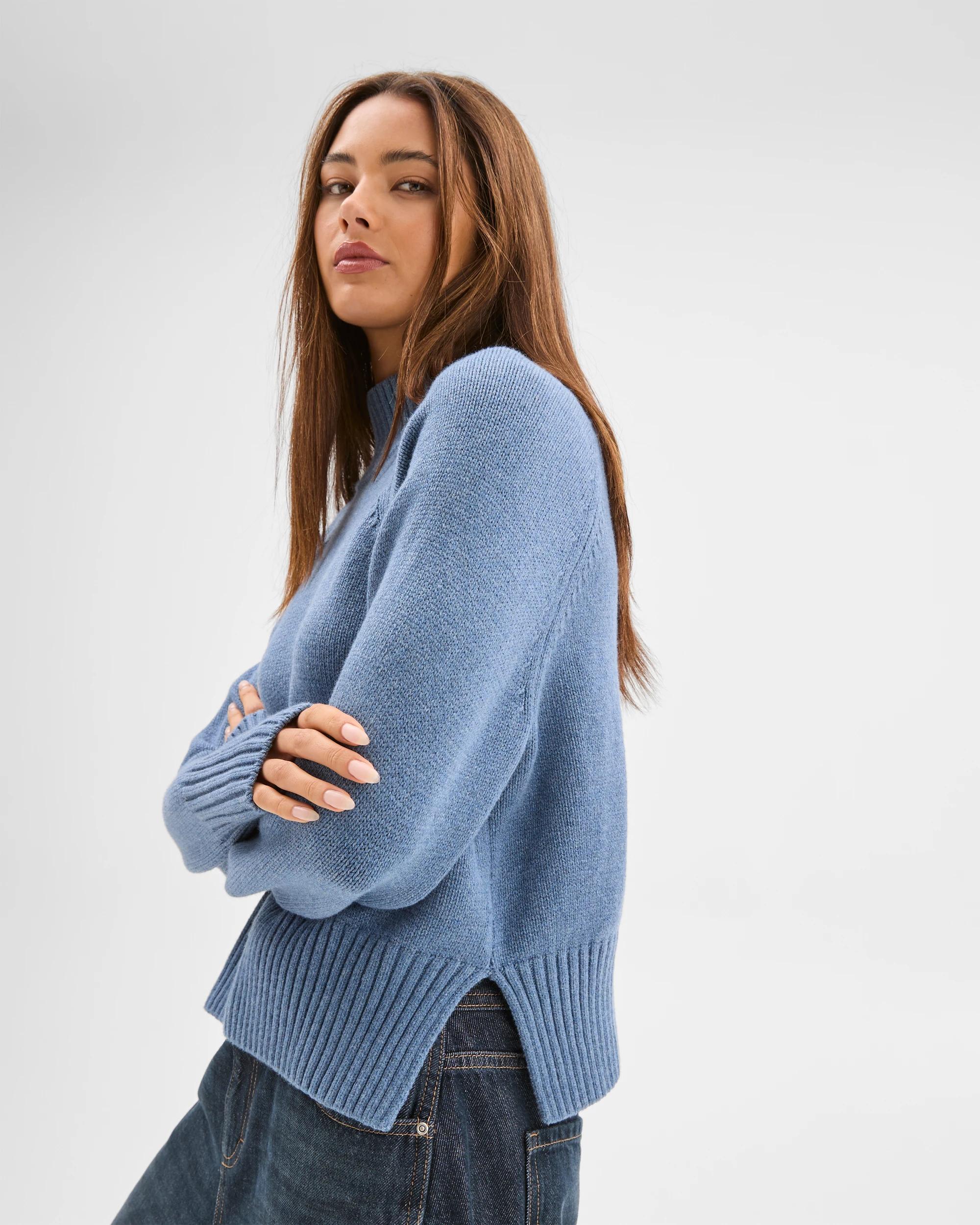 3 Lily Loves Australian Cotton Blend High Neck Knit Jumper DENIM BLUE, 3 of 5