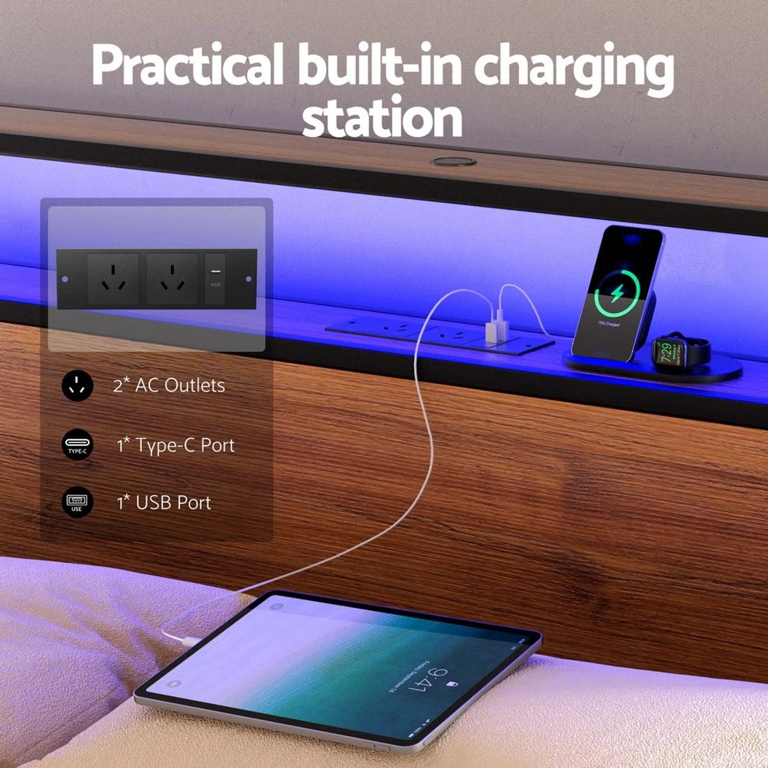 4 Artiss Metal Bed Frame King Size LED Storage Headboard USB Charge 4 Drawers - Black, 4 of 6