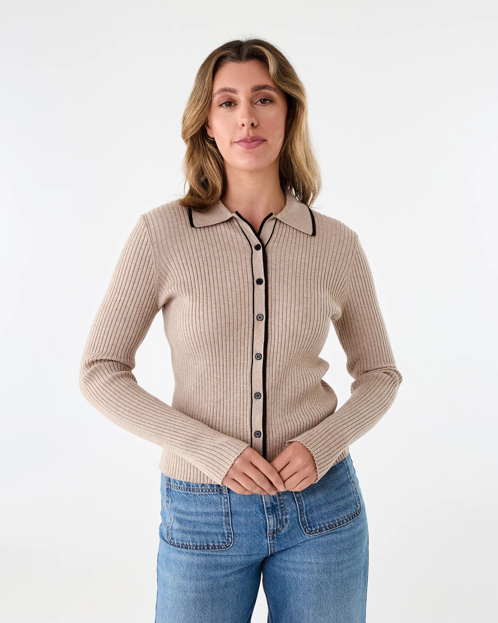 1 Long Sleeve Tipped Polo Top Bge Otml, 1 of 7
