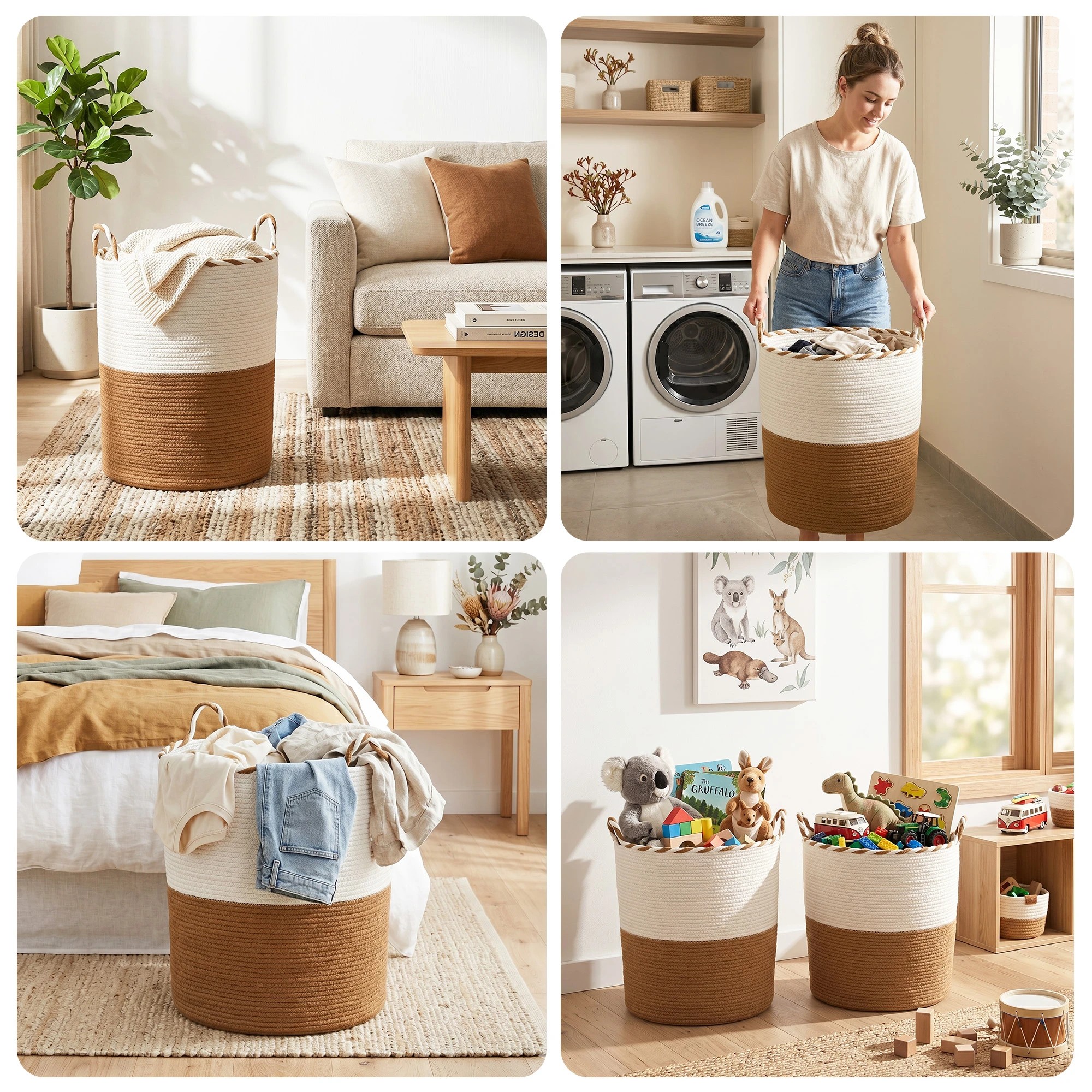 8 Artiss Woven Laundry Basket with handles Cotton Rope Storage Bin for Clothes Foldable - Brown, 8 of 9