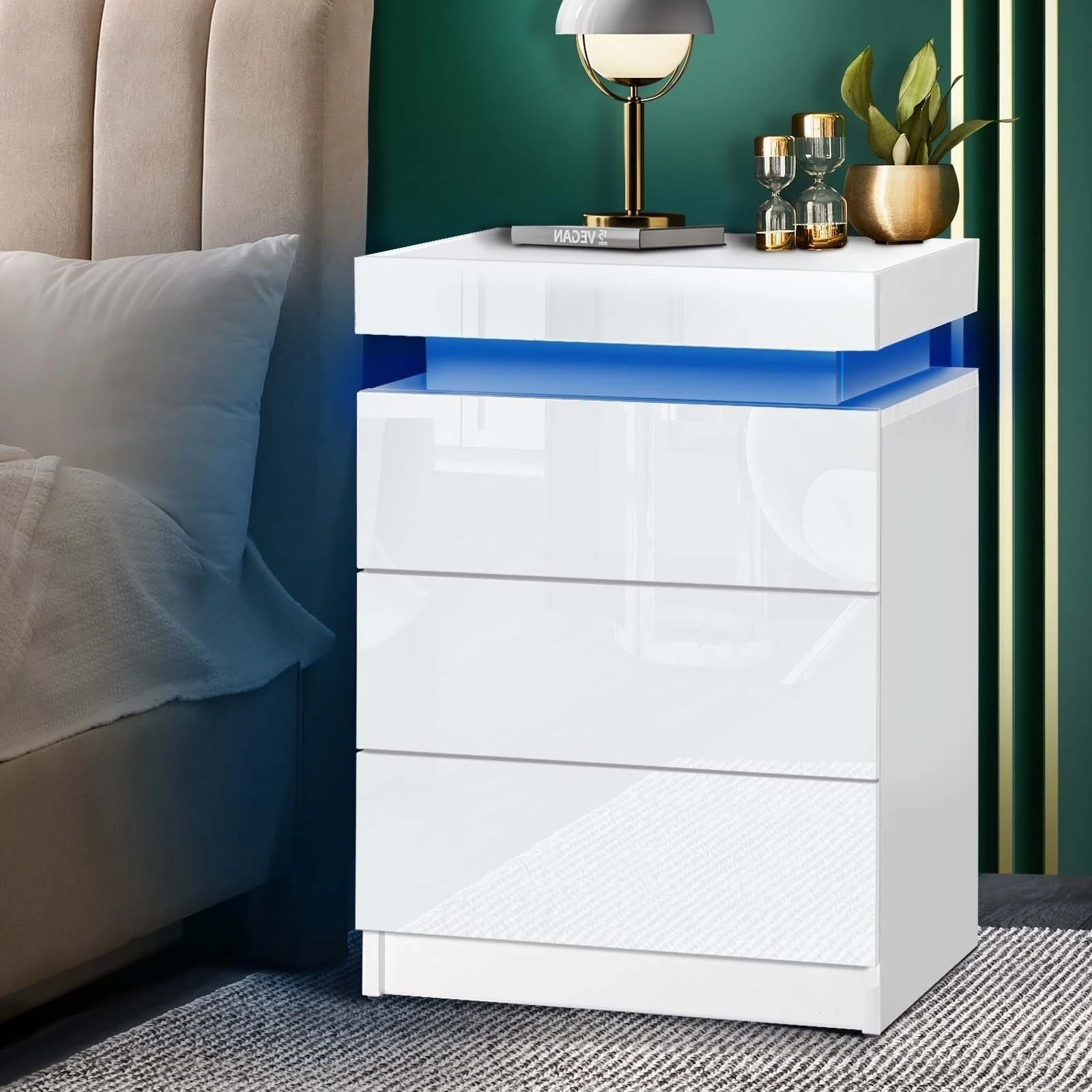 4 Oikiture Bedside Tables Set of 2 LED Nightstand Cabinet Side Table - White, 4 of 4