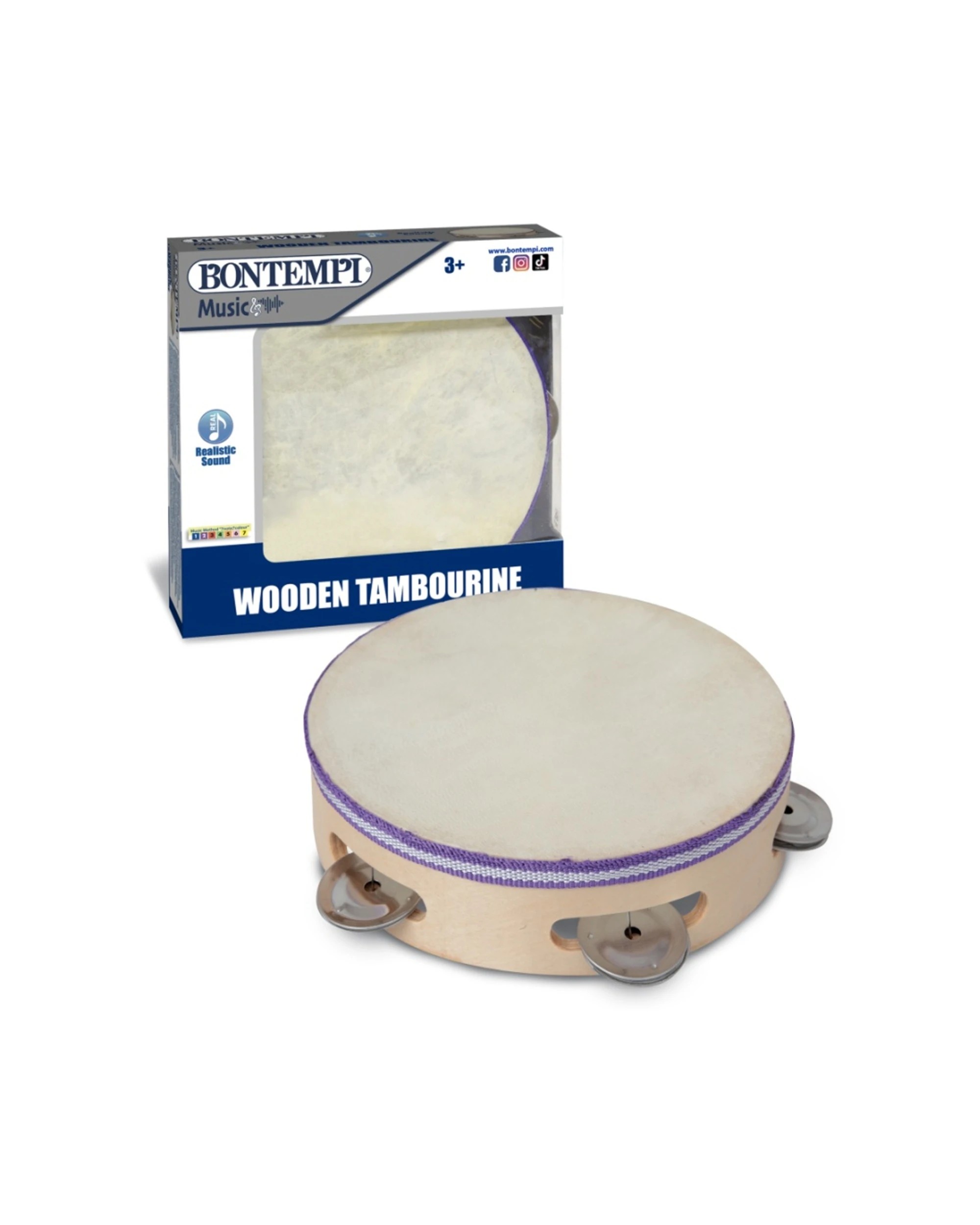 2 Bontempi Wooden Tambourine Membrane Cymbals Realistic Sound 190mm - Natural, 2 of 3