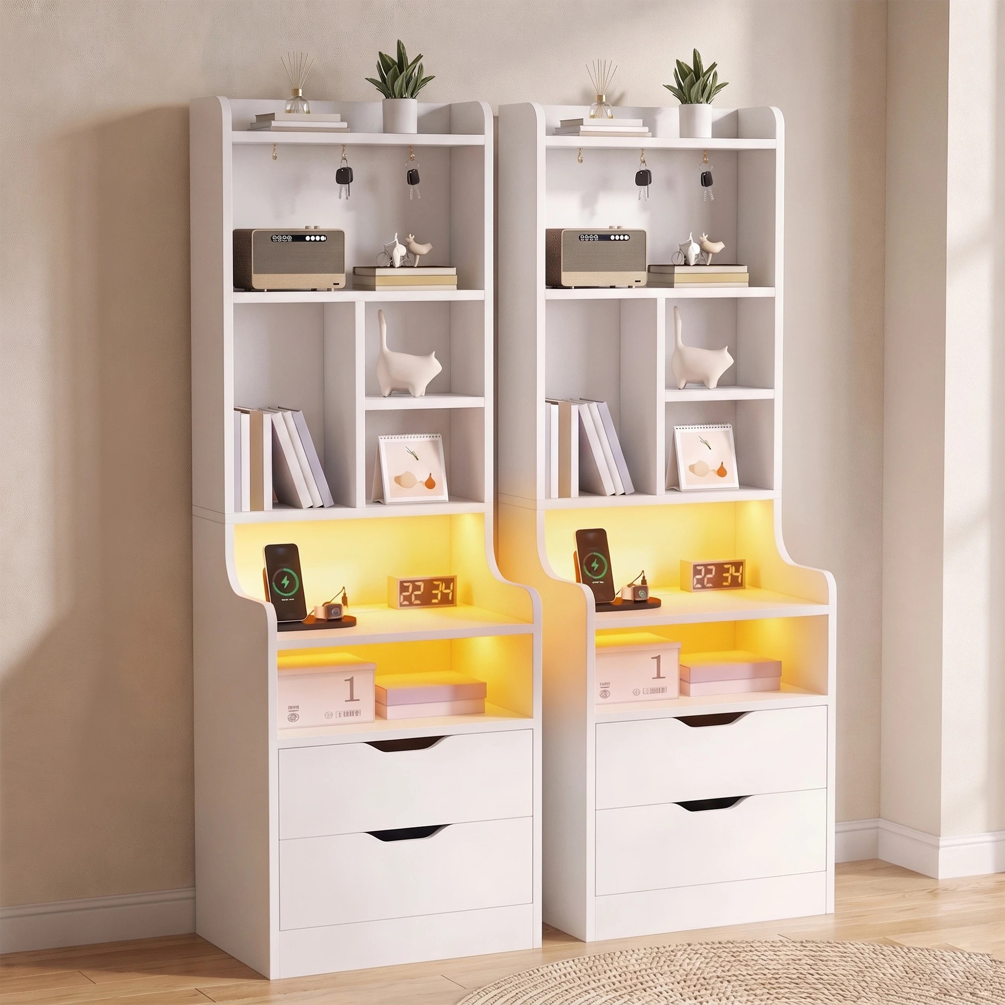8 Advwin Set of 2 Tall LED Nightstand with Charging Station, 3 Drawers, Shelves & Hooks - White, 8 of 9