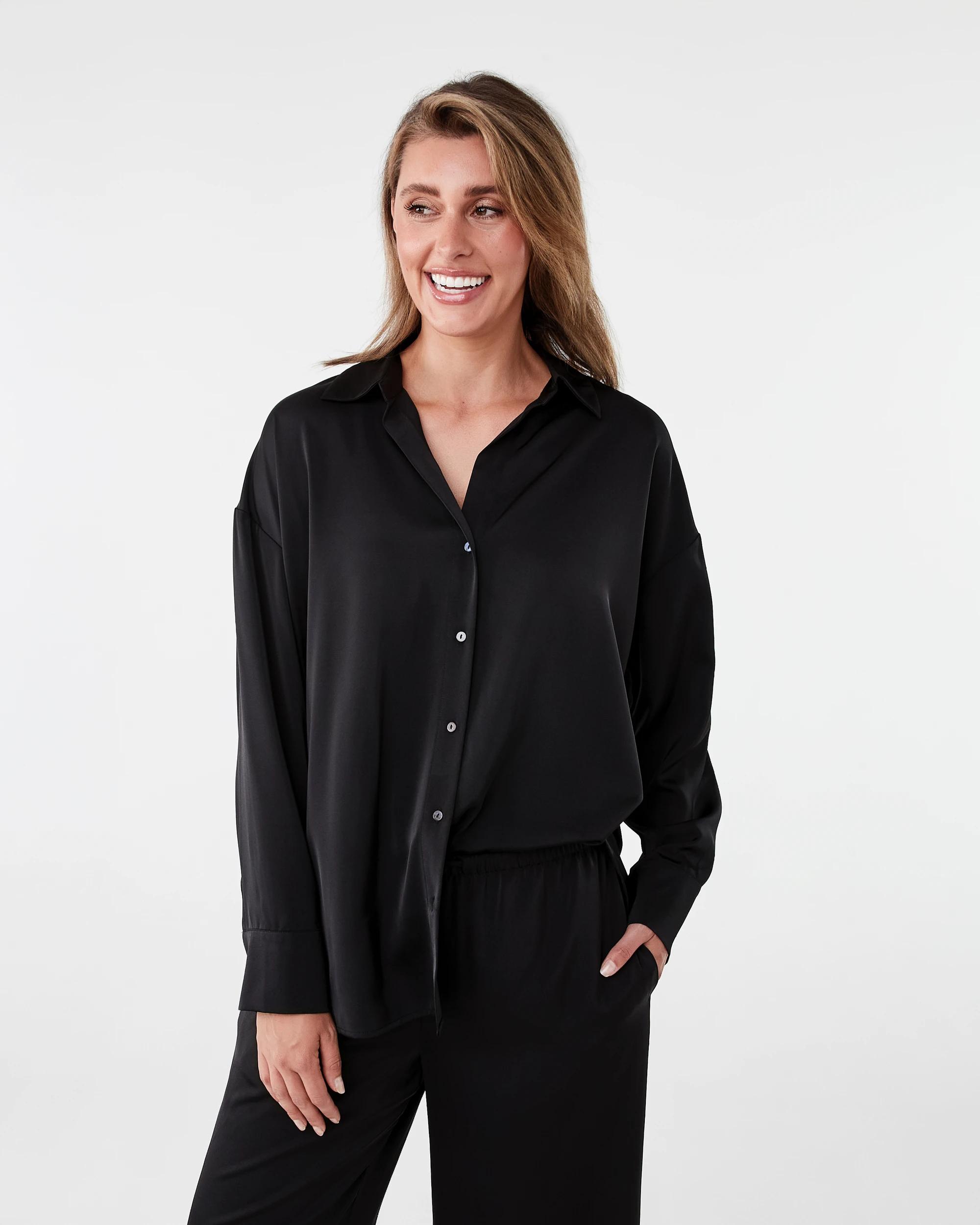 2 Long Sleeve Oversized Satin Shirt Black, 2 of 10
