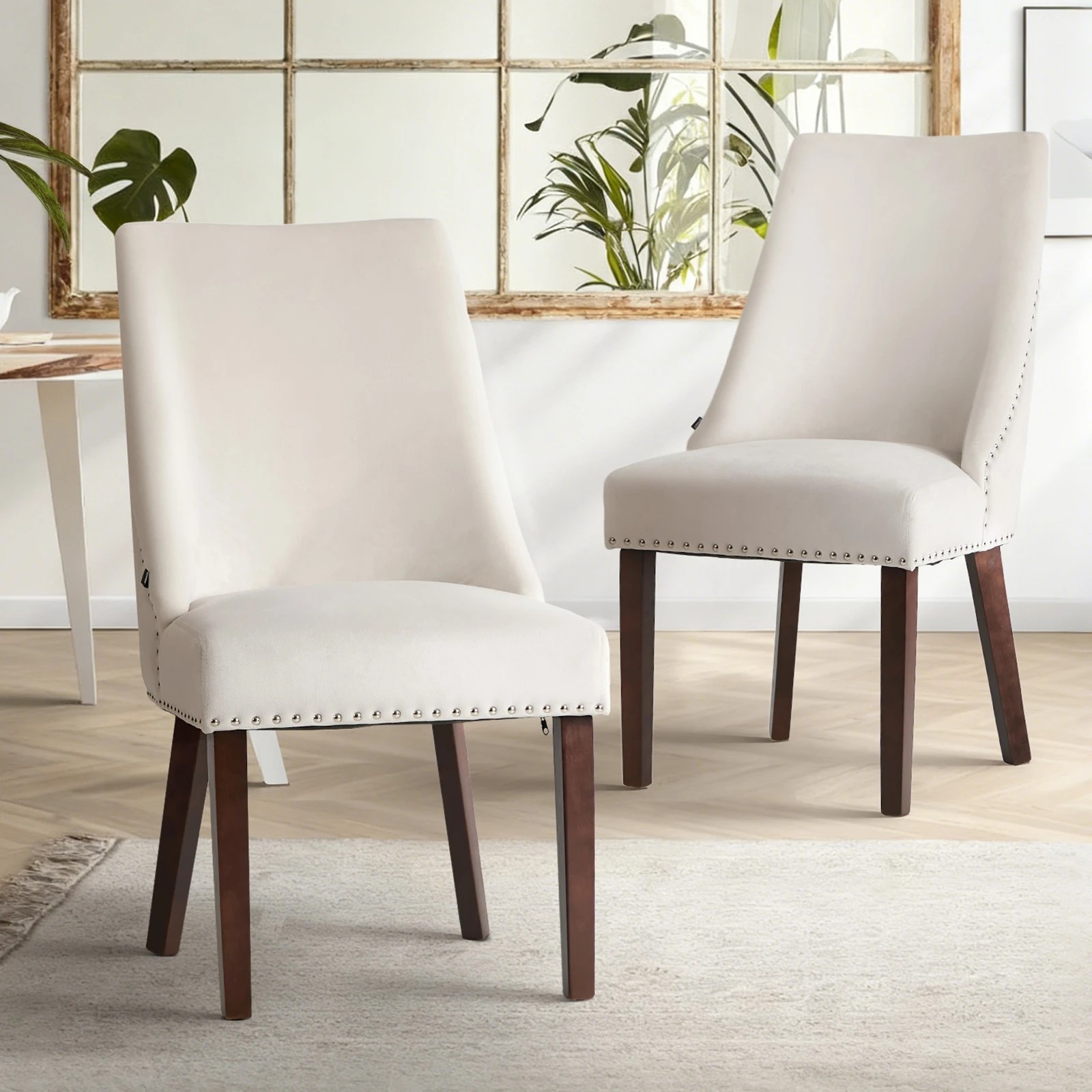3 Oikiture 2PCs Velvet Dining Chair Kitchen Padded Seat Winglet Design - Beige, 3 of 9