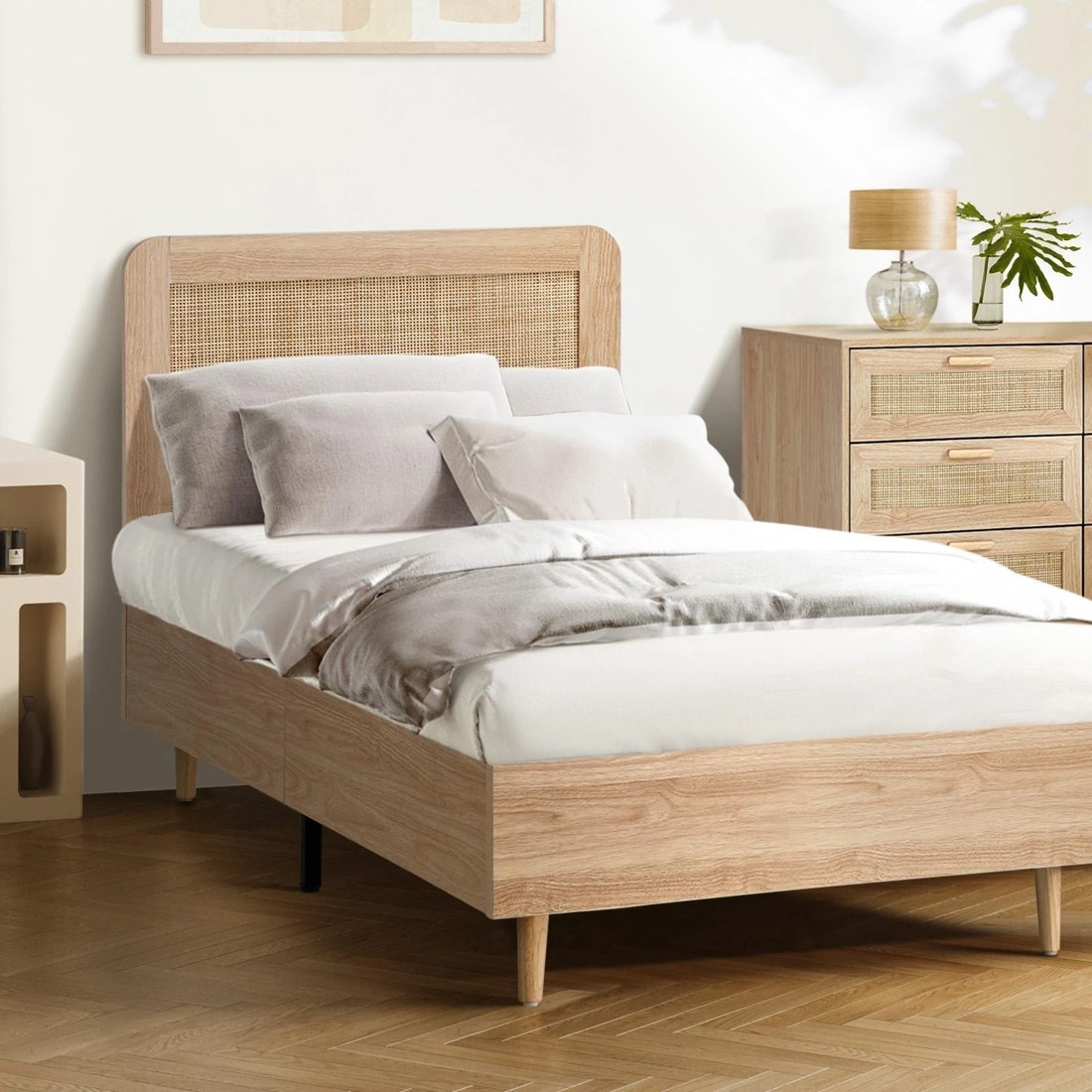 2 Oikiture Single Bed Wooden Bed Frame With Rattan Headboard
 - Natural, 2 of 10