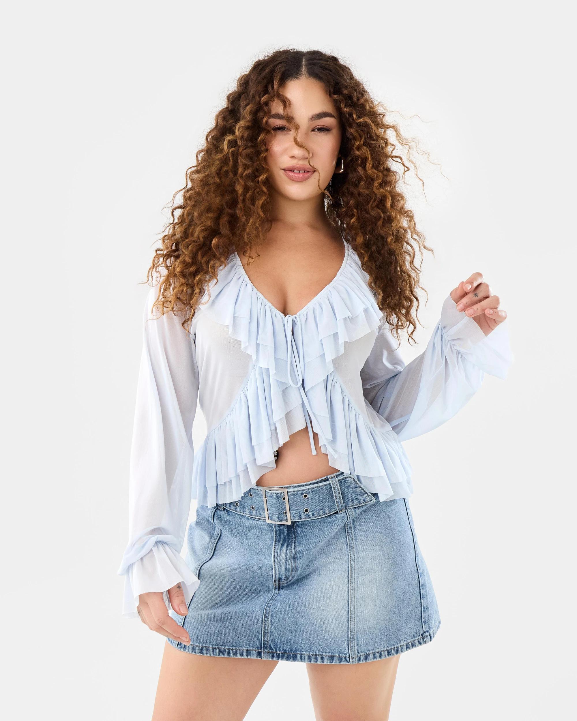 8 Long Sleeve Ruffle Tie Top Powd Blue, 8 of 10