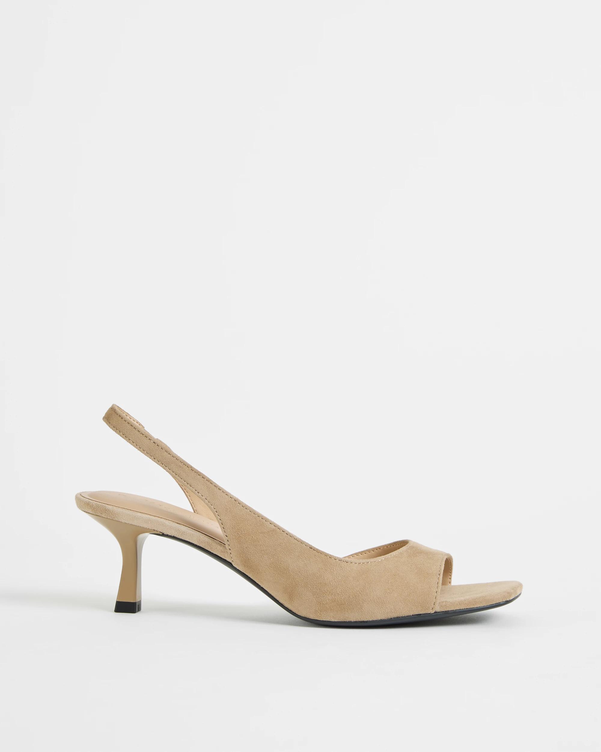 1 Target Woman Genuine Suede Leather Open Toe Kitten Heels LIGHT TAUPE SUEDE, 1 of 3