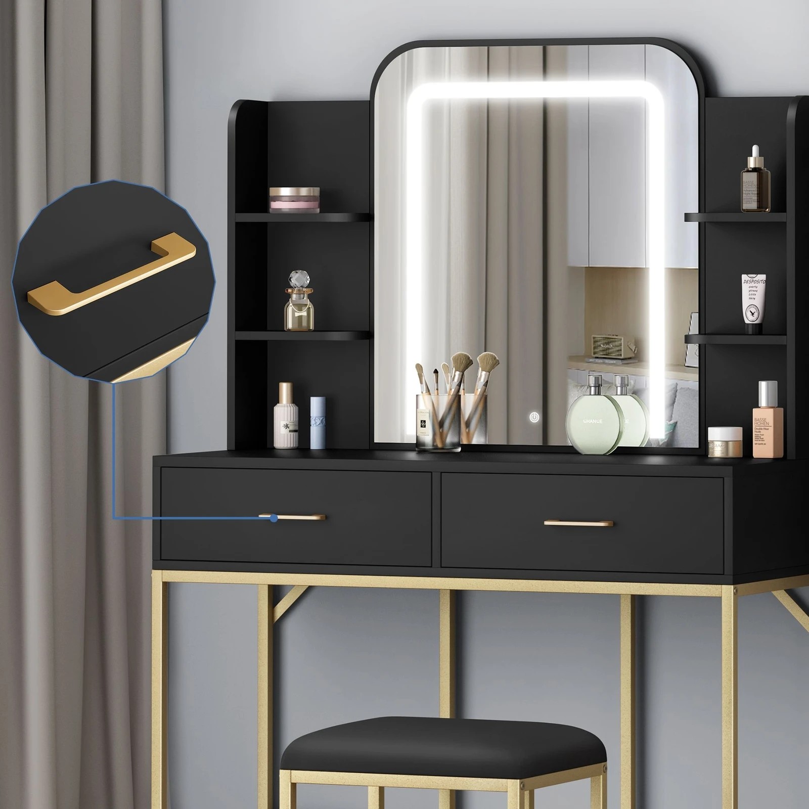 3 Alfordson Dressing Table Stool Set Makeup Mirror LED Vanity Desk Metal - Black, 3 of 10