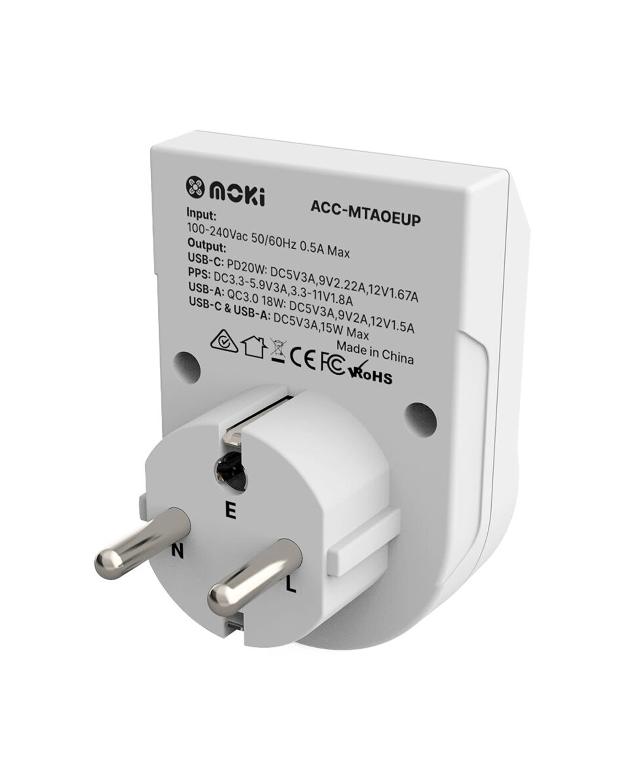 3 Moki 2PK Travel Adaptor Plus Outbound AUSNZ to EU with Type-C and USB-A - White, 3 of 4