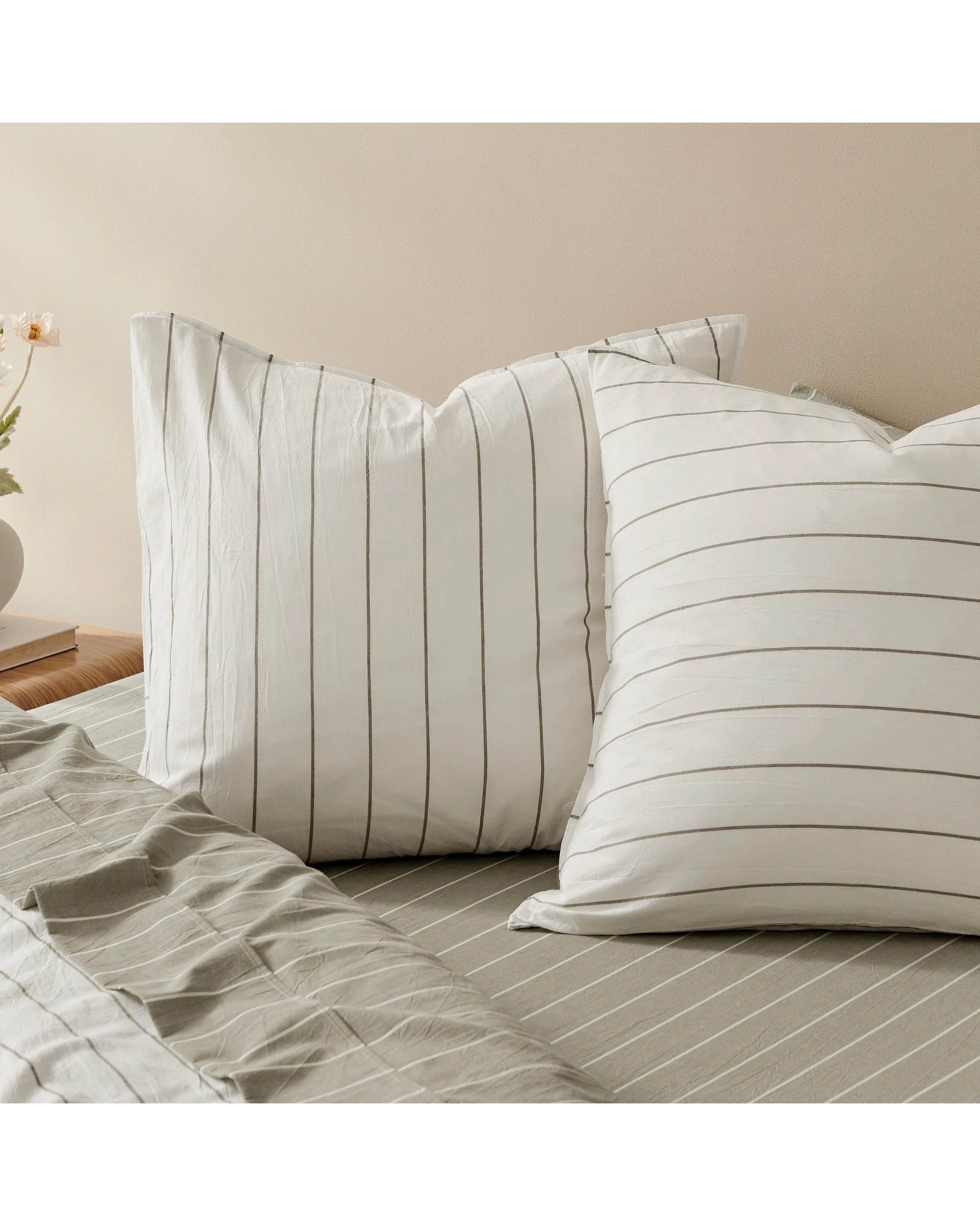 3 Dreamaker Rumi Stripe Washed Cotton Reversible European Pillowcase Twin Pack - White with Olive, 3 of 4