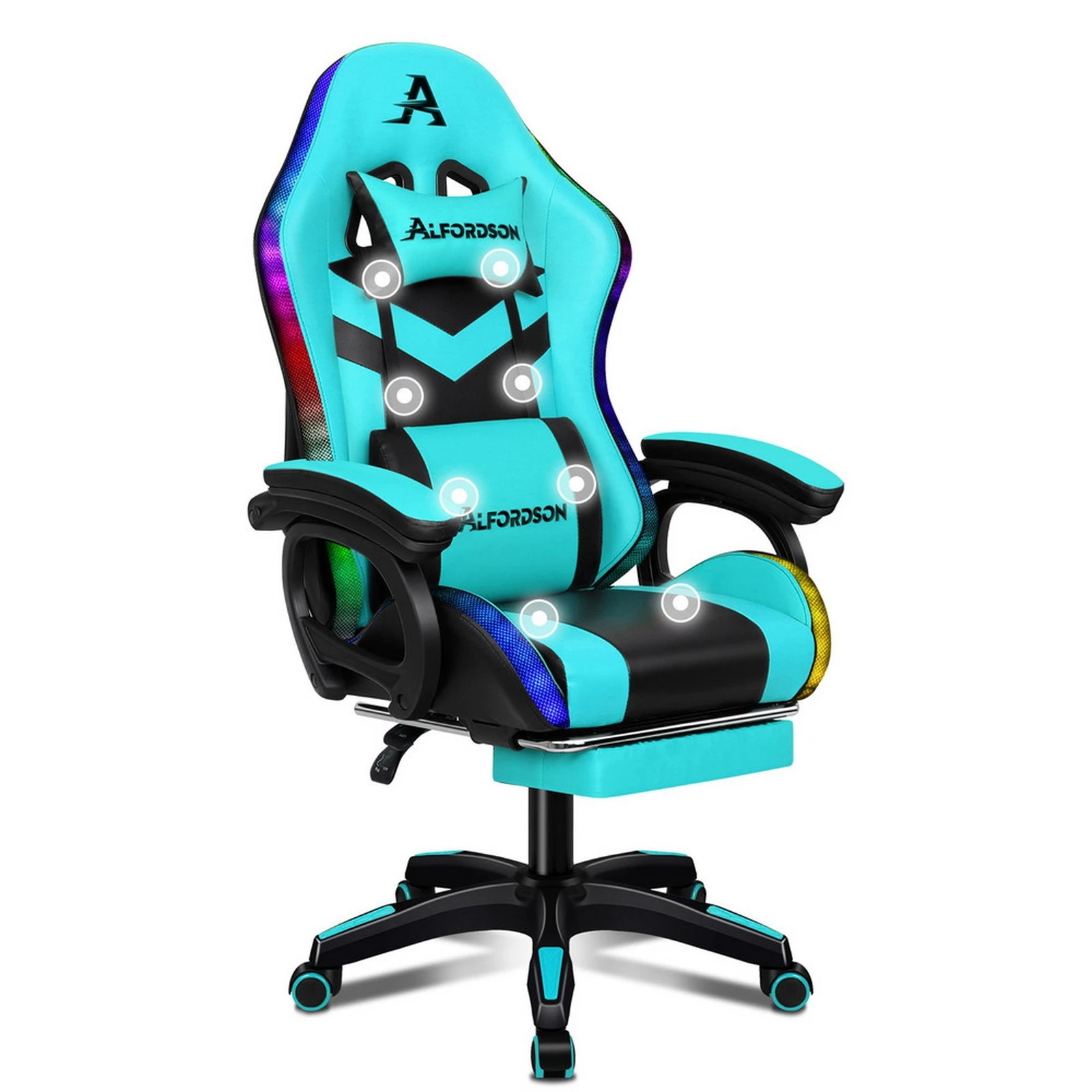 1 Alfordson Gaming Office Chair 12 RGB LED Massage Computer Seat Footrest - Cyan Black, 1 of 10