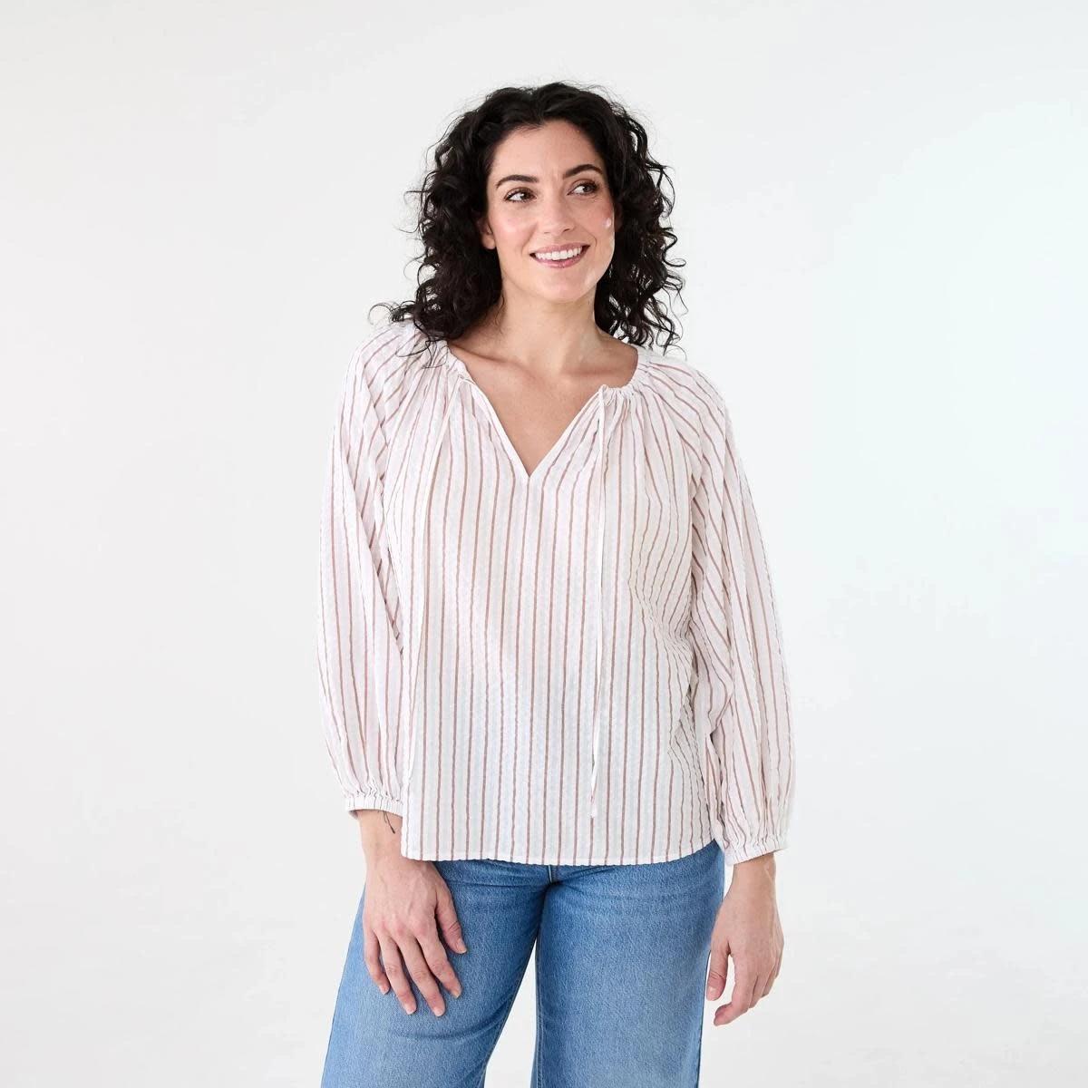 1 Long Sleeve Seersucker Tie Top RUSSET STRIPE, 1 of 6