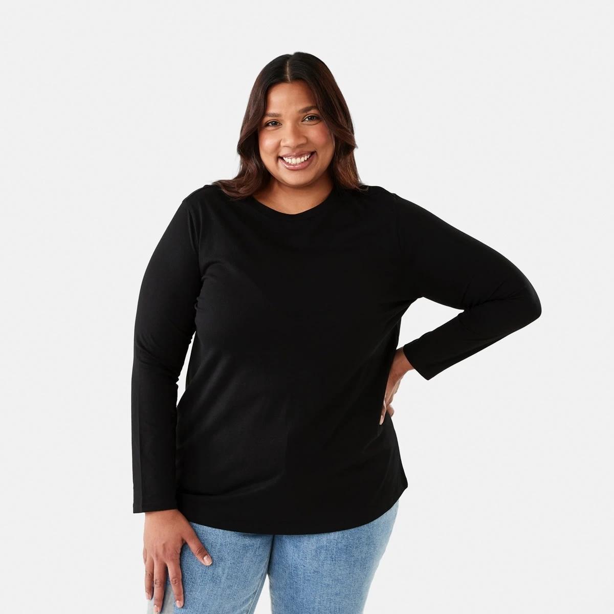 1 Curve Long Sleeve Cotton T-shirt Black, 1 of 5