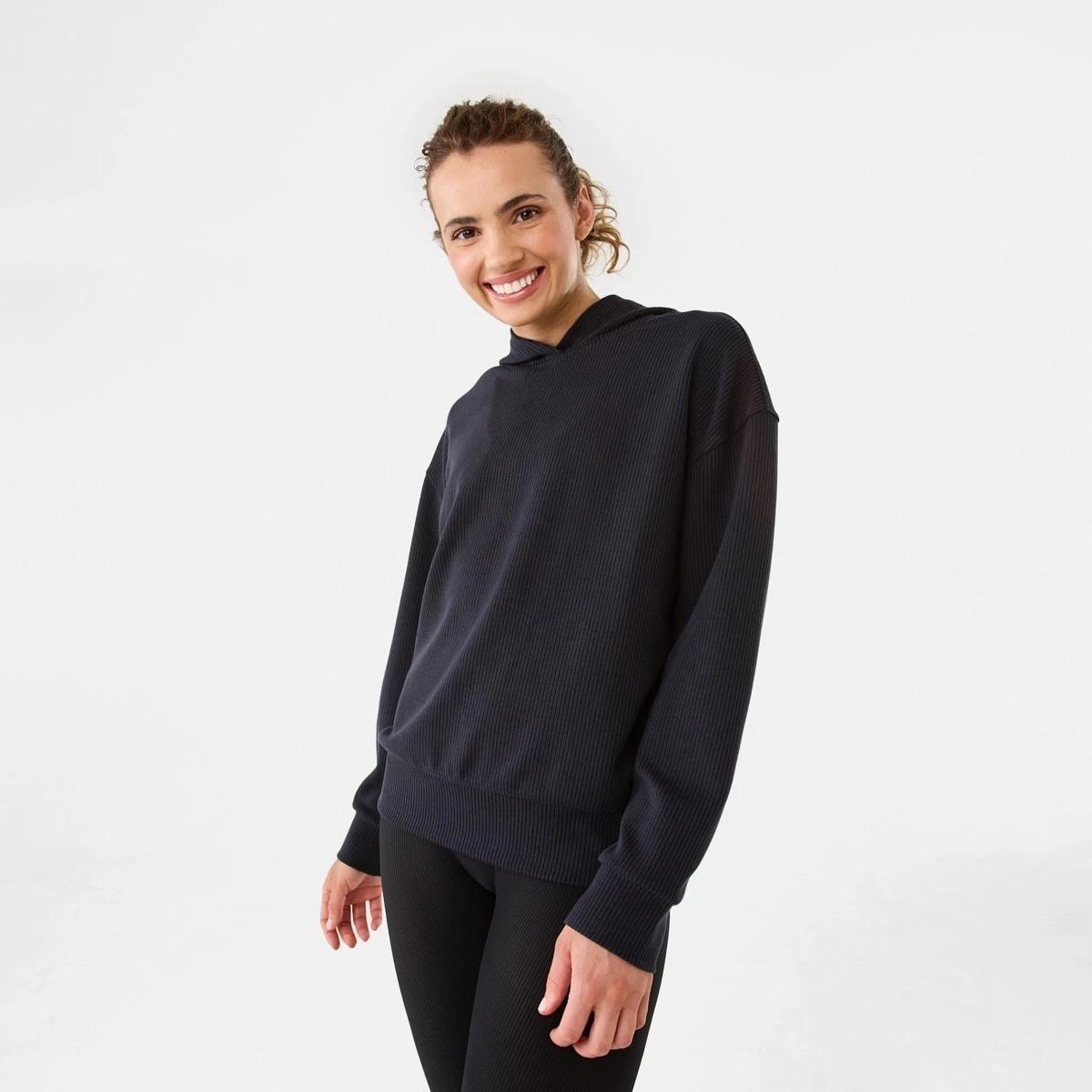 1 Active Womens Ribbed Scuba Hoodie Washed Black, 1 of 10