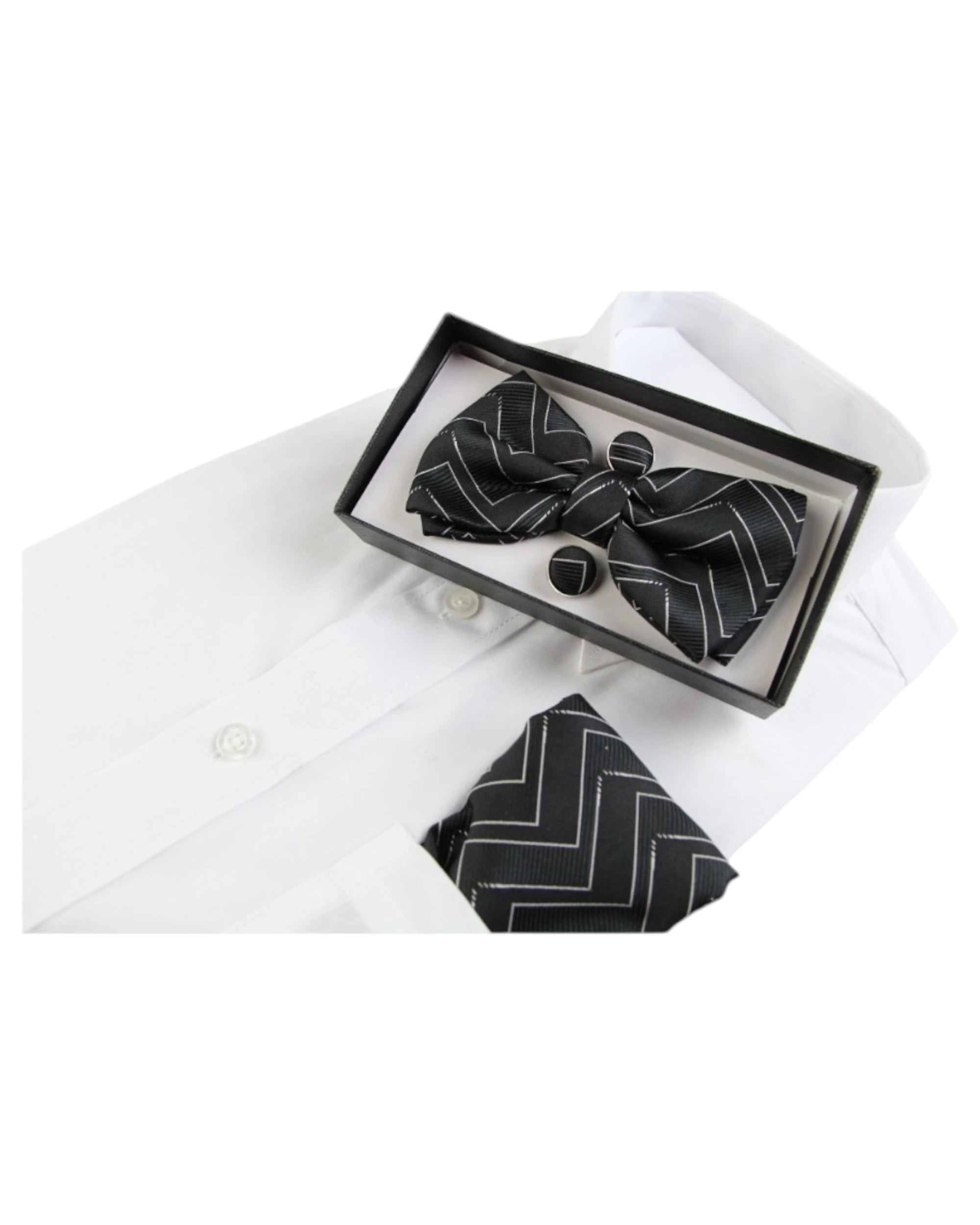 1 Zasel Mens Black Zig Zag Matching Bow Tie, Pocket Square & Cuff Links Set, 1 of 2