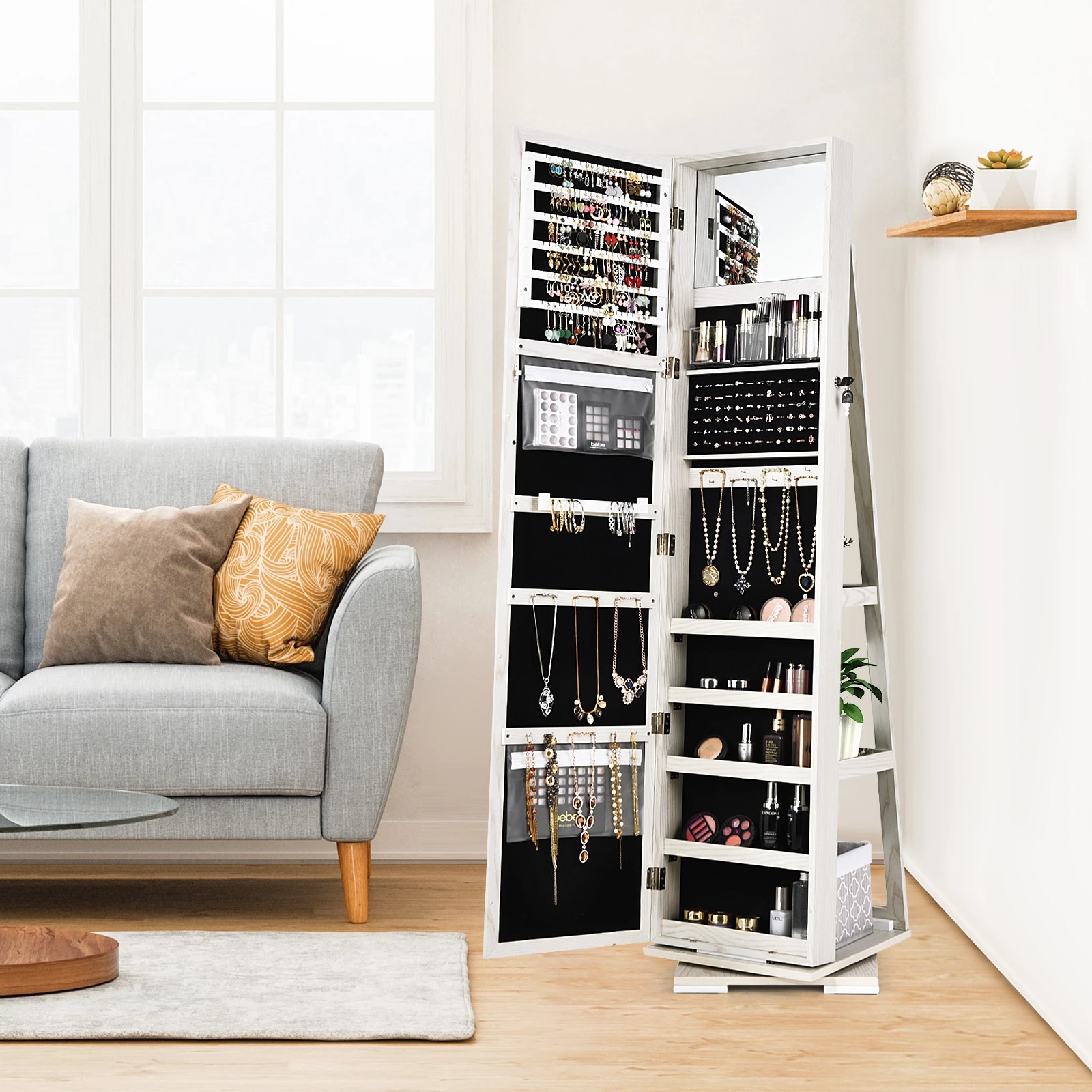 2 Costway Rotating Lockable Jewellery Cabinet Armoire w/Full-Length Mirror Jewelry Organizer - White, 2 of 5