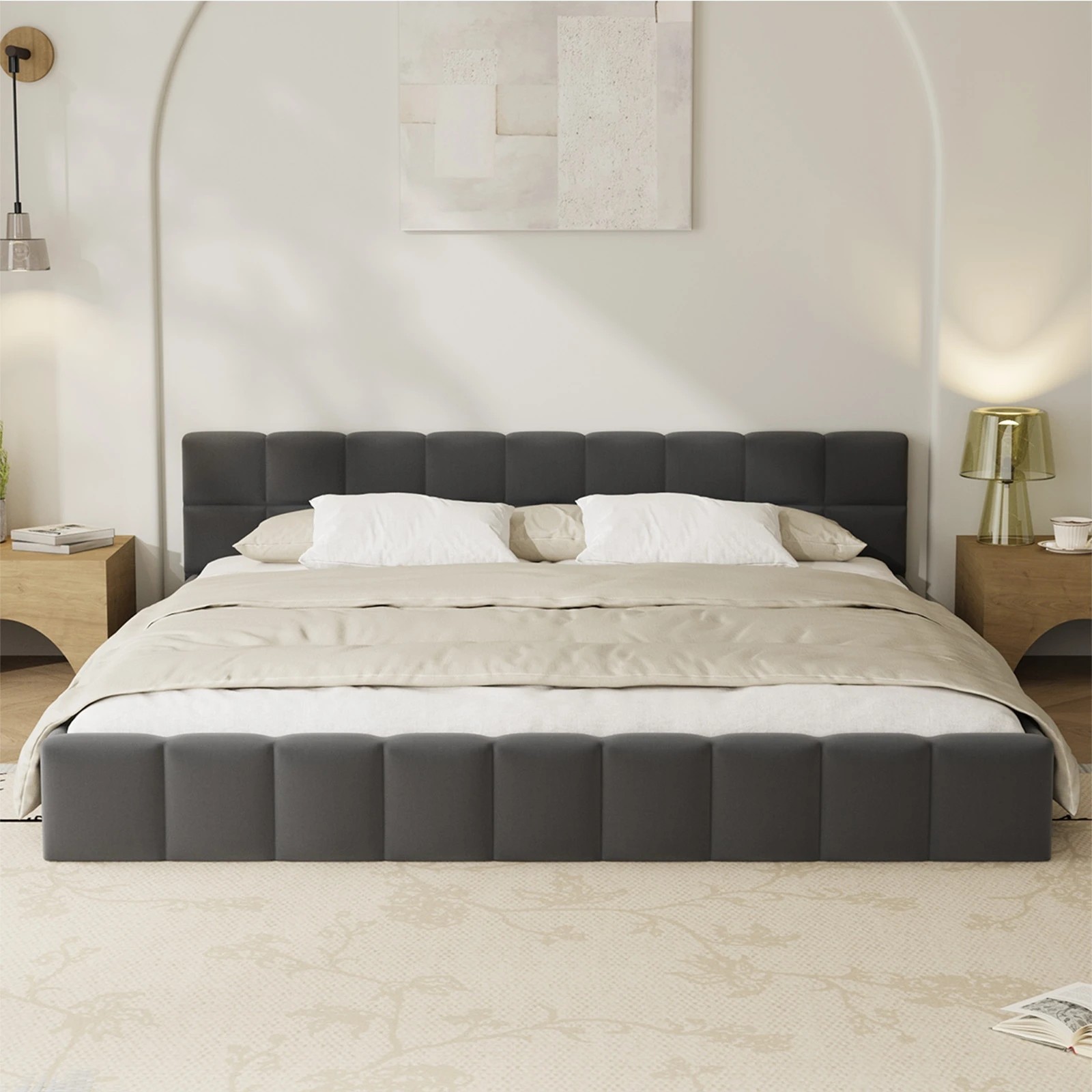 4 Oikiture Bed Frame King Size Tufted Headboard Velvet - Grey, 4 of 7