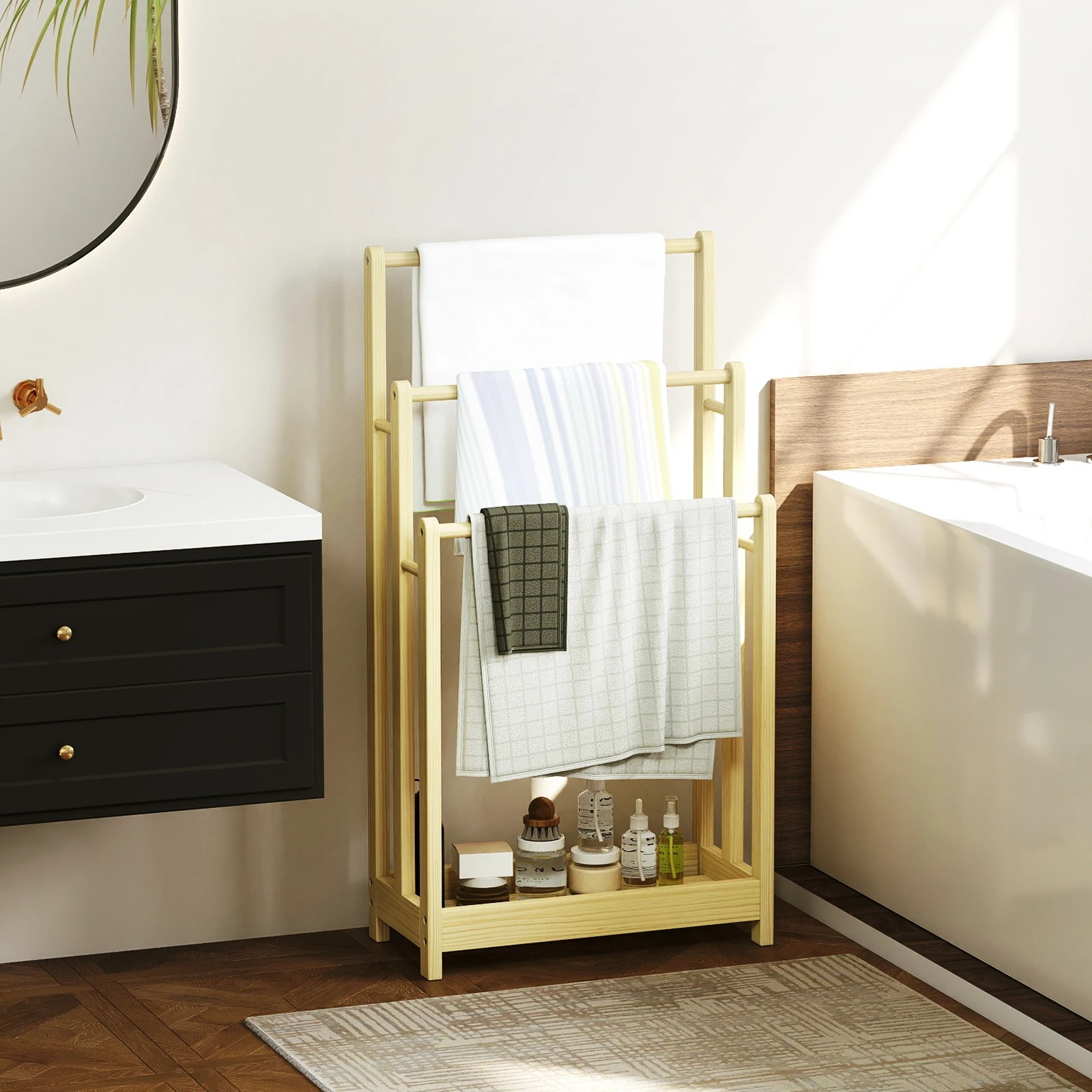 2 Costway 3-Bar Towel Rack Freestanding Towel Drying Stand w/Bottom Storage Shelf - Natural, 2 of 3