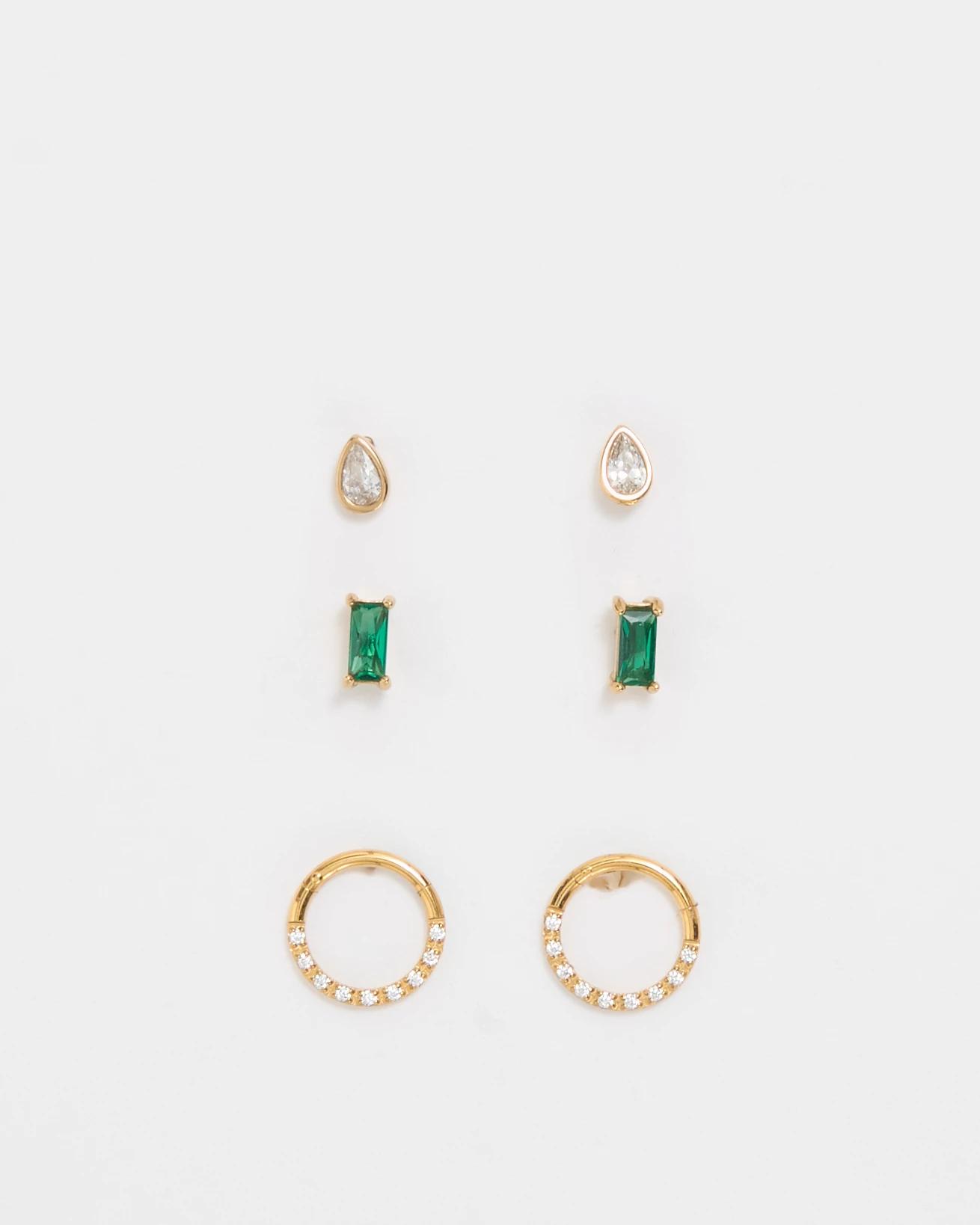 1 Target Woman 3 Pack Waterproof Emerald Look Stud Earrings Set GOLD, 1 of 1