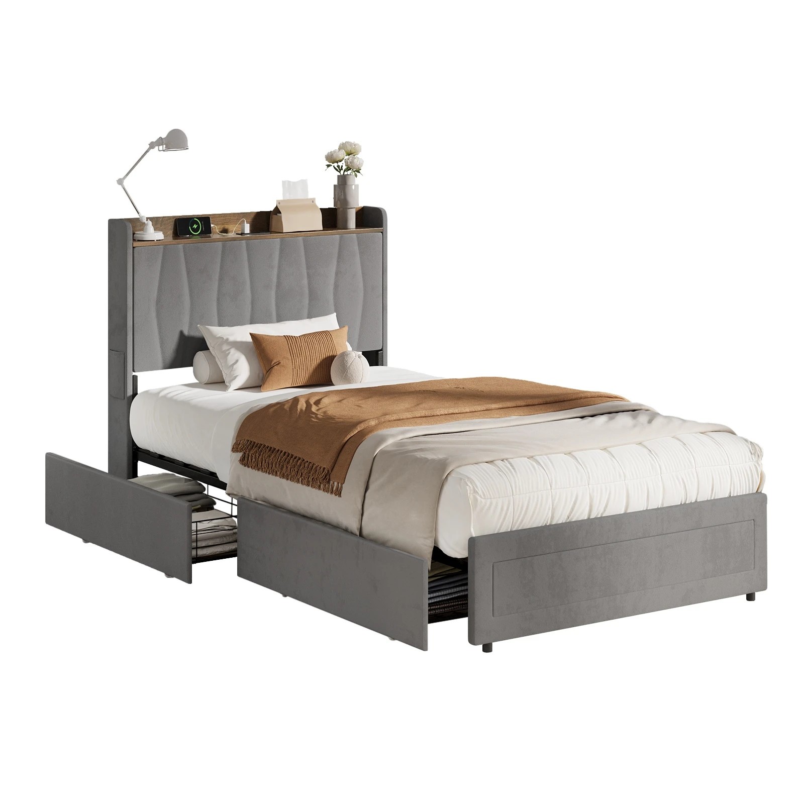 1 Oikiture Bed Frame King Single Size with 4 Drawers Charging Station USB Ports - Grey, 1 of 7