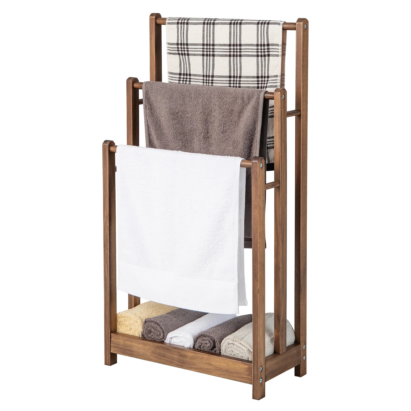3 Costway 3-Bar Towel Rack Freestanding Towel Drying Stand w/Bottom Storage Shelf - Brown, 3 of 3