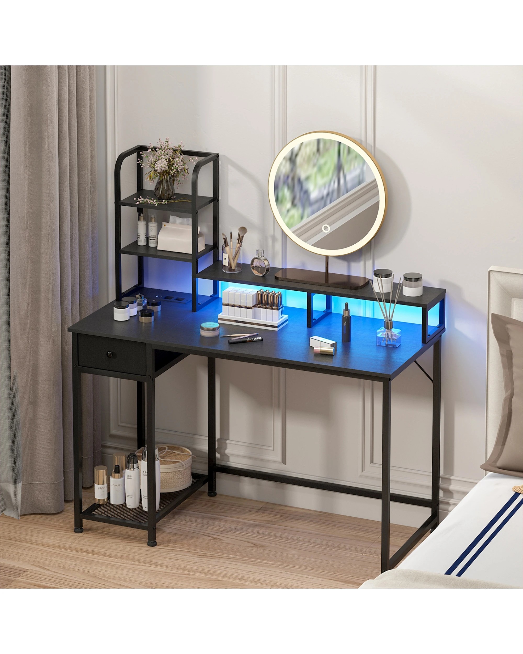 2 Advwin Reversible Computer Desk LED Gaming Desk Home Office Desk PC Table with Shelf Drawer, 2 of 9