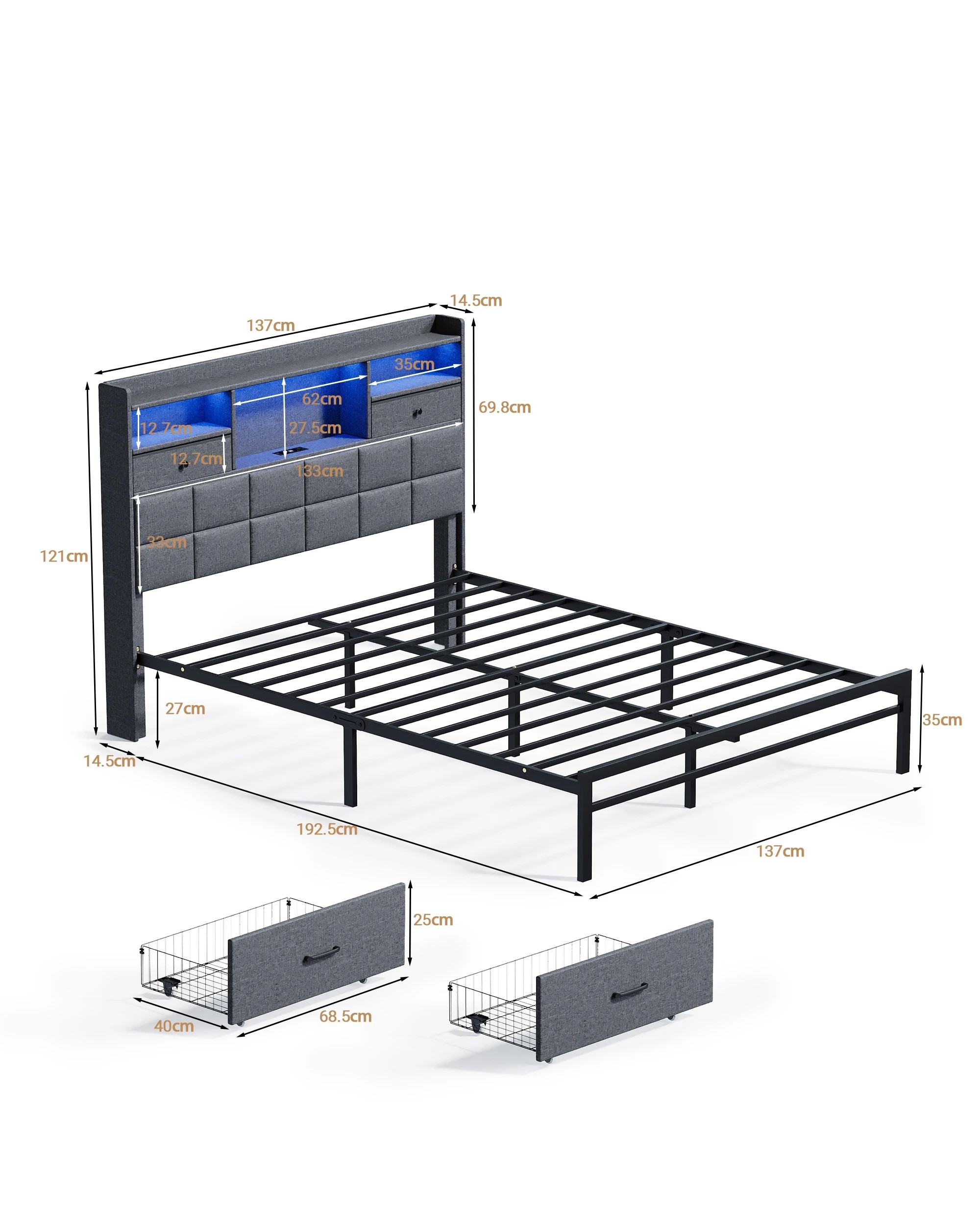 3 Advwin Double Bed Frame with RGB LED and Charging Station - Grey, 3 of 6