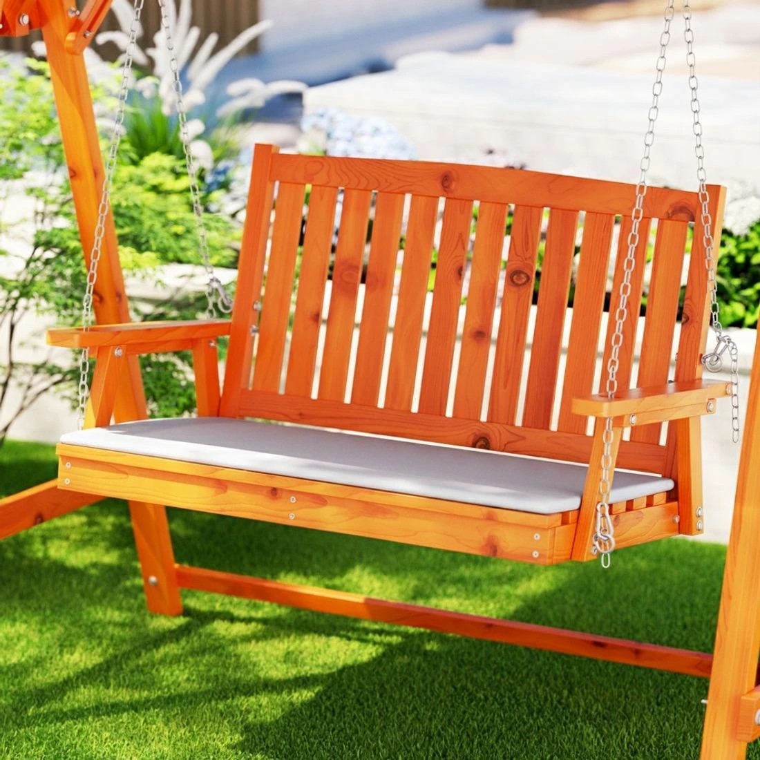 5 Gardeon Outdoor Wooden Swing Chair Garden Bench Canopy Cushion 2 Seater Teak - Multi, 5 of 8