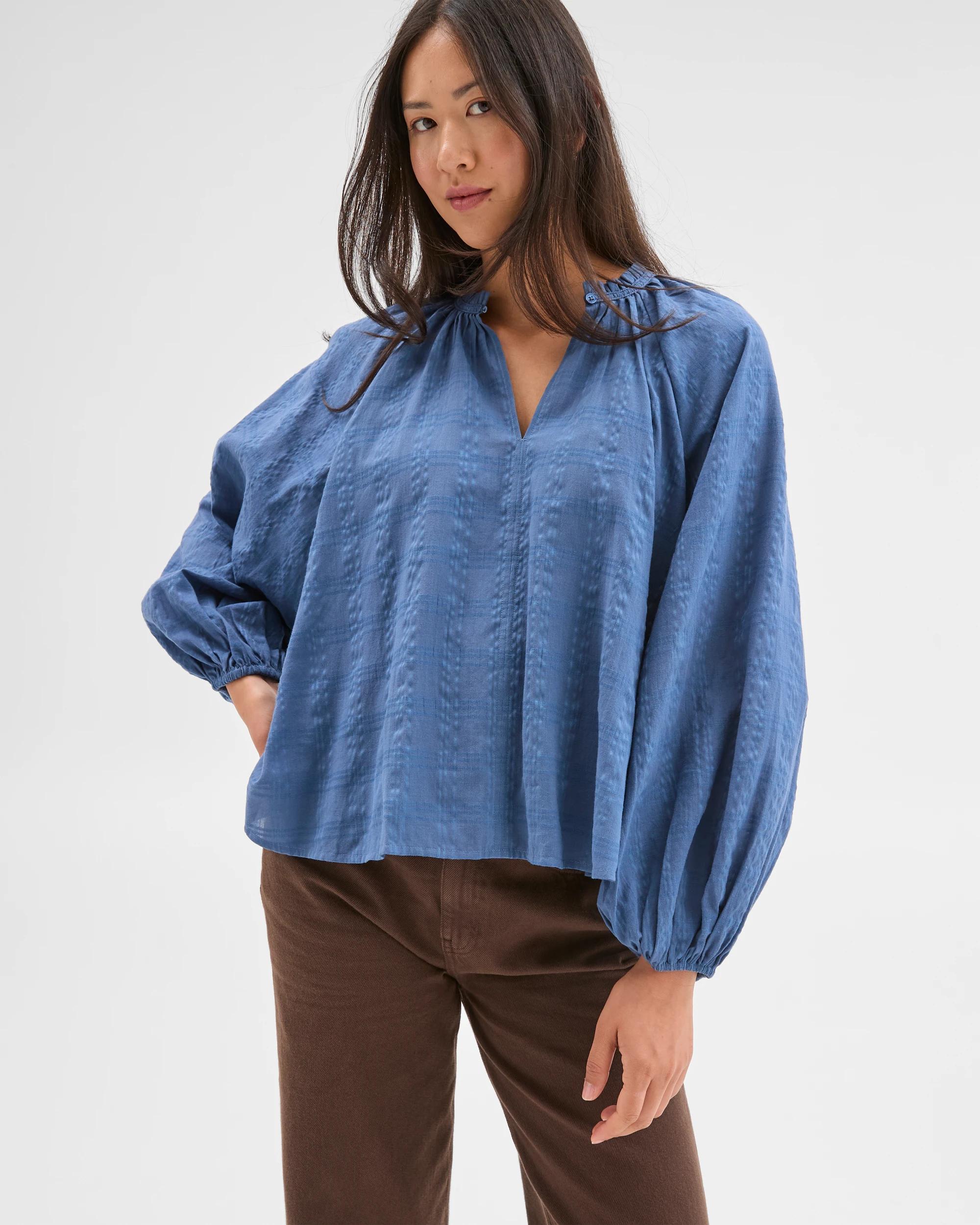 1 Target Woman Long Sleeve Textured Blouse BLUE JAY, 1 of 6