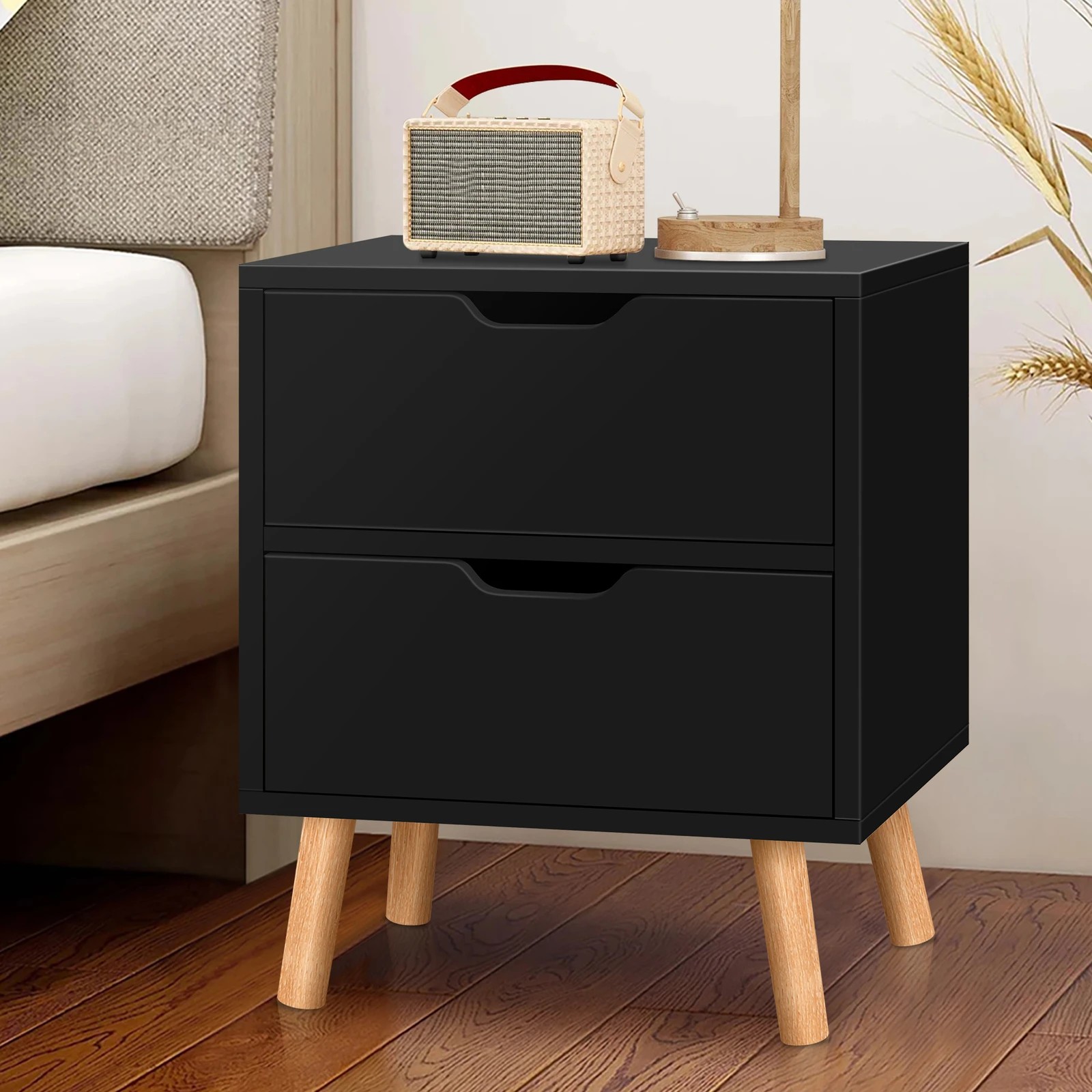 2 Alfordson 2x Bedside Table Nightstand Side Table 2 Drawers - Black, 2 of 10