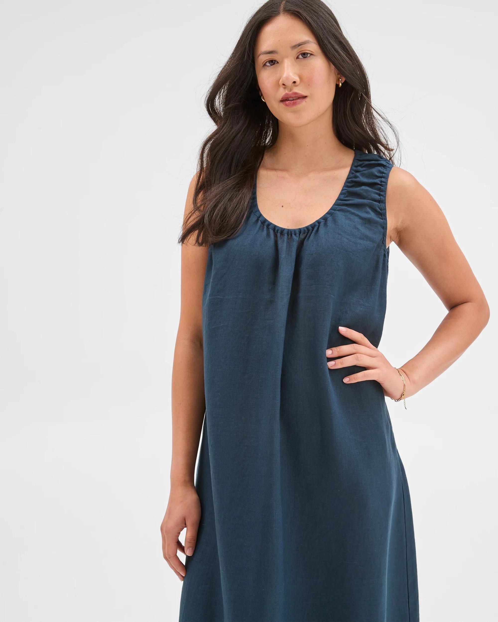 3 Target Woman European Linen Sleeveless Scoop Neck Midi Dress DEEP OCEAN, 3 of 5