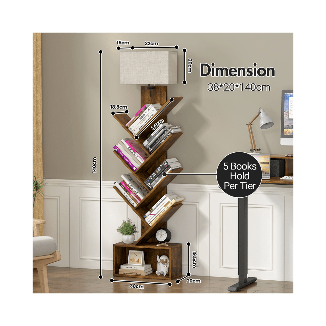 2 Advwin 6 Tier Tree Bookshelf w/ 3-Color Adjustable Light & Storage Cabinet Walnut, 2 of 10