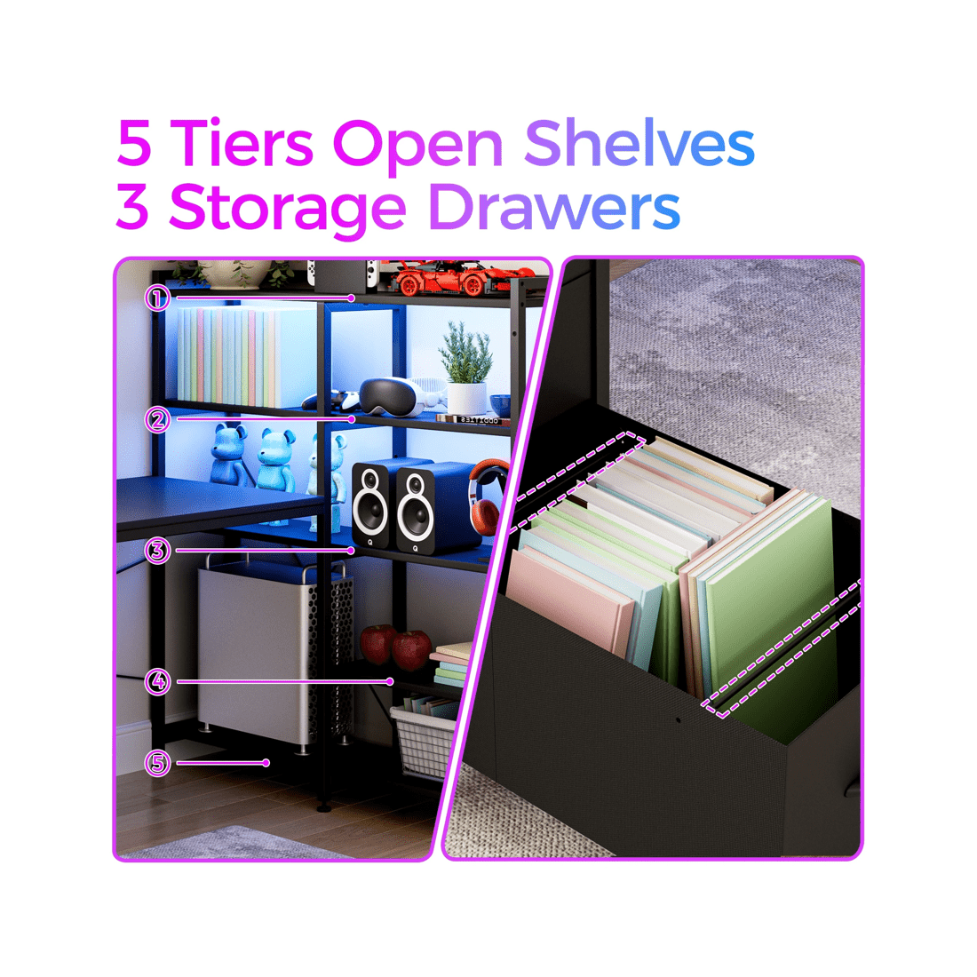 8 Advwin U Shaped Gaming Desk With Led Lights & Power Outlets Reversible 164cm Computer Desk With Bookshelf Black, 8 of 10