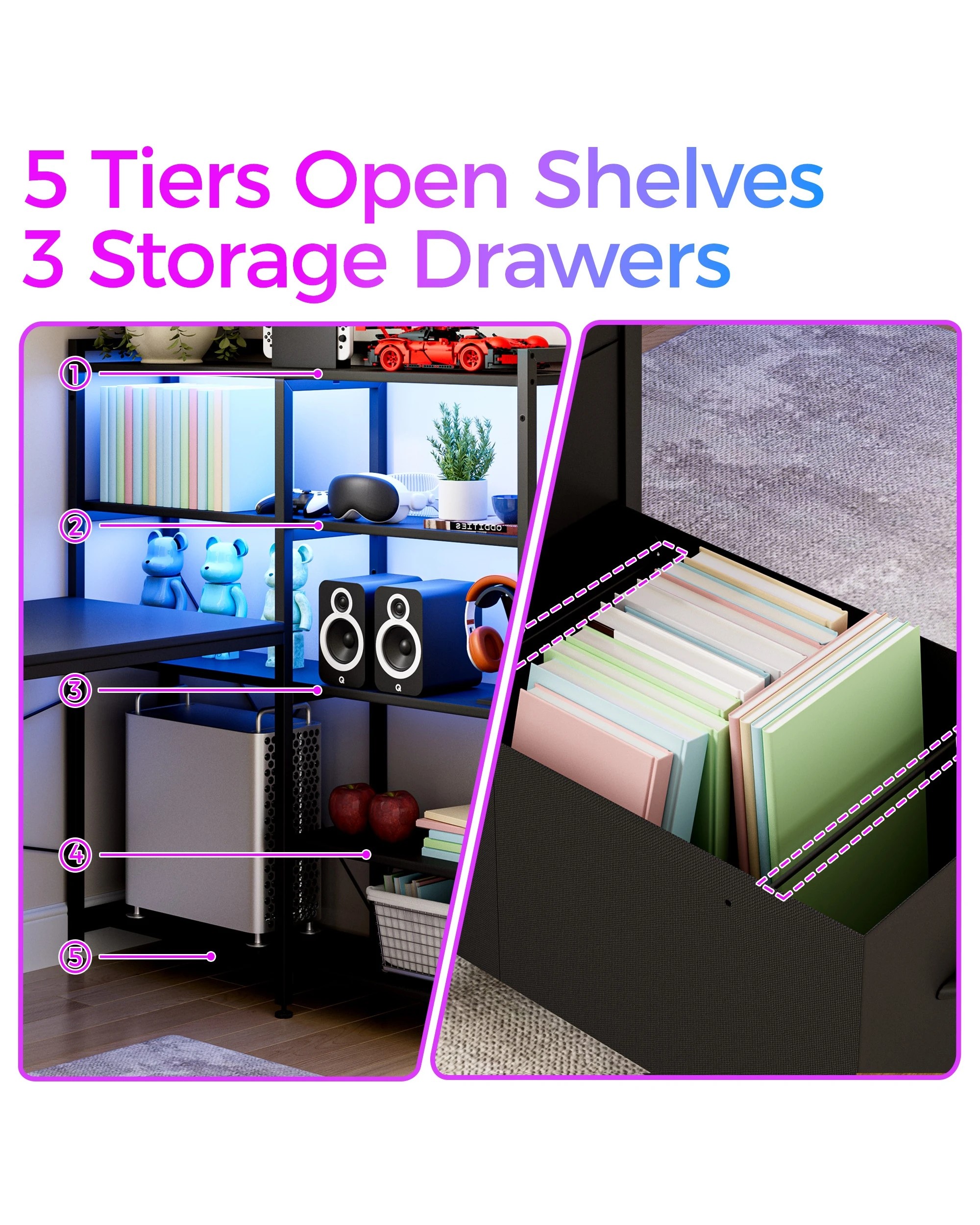 8 Advwin U Shaped Gaming Desk With Led Lights & Power Outlets Reversible 164cm Computer Desk With Bookshelf Black, 8 of 10