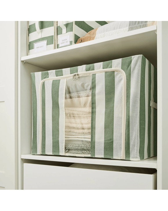 Linen Look Collapsible Box with Window - Extra Large, Green Stripe