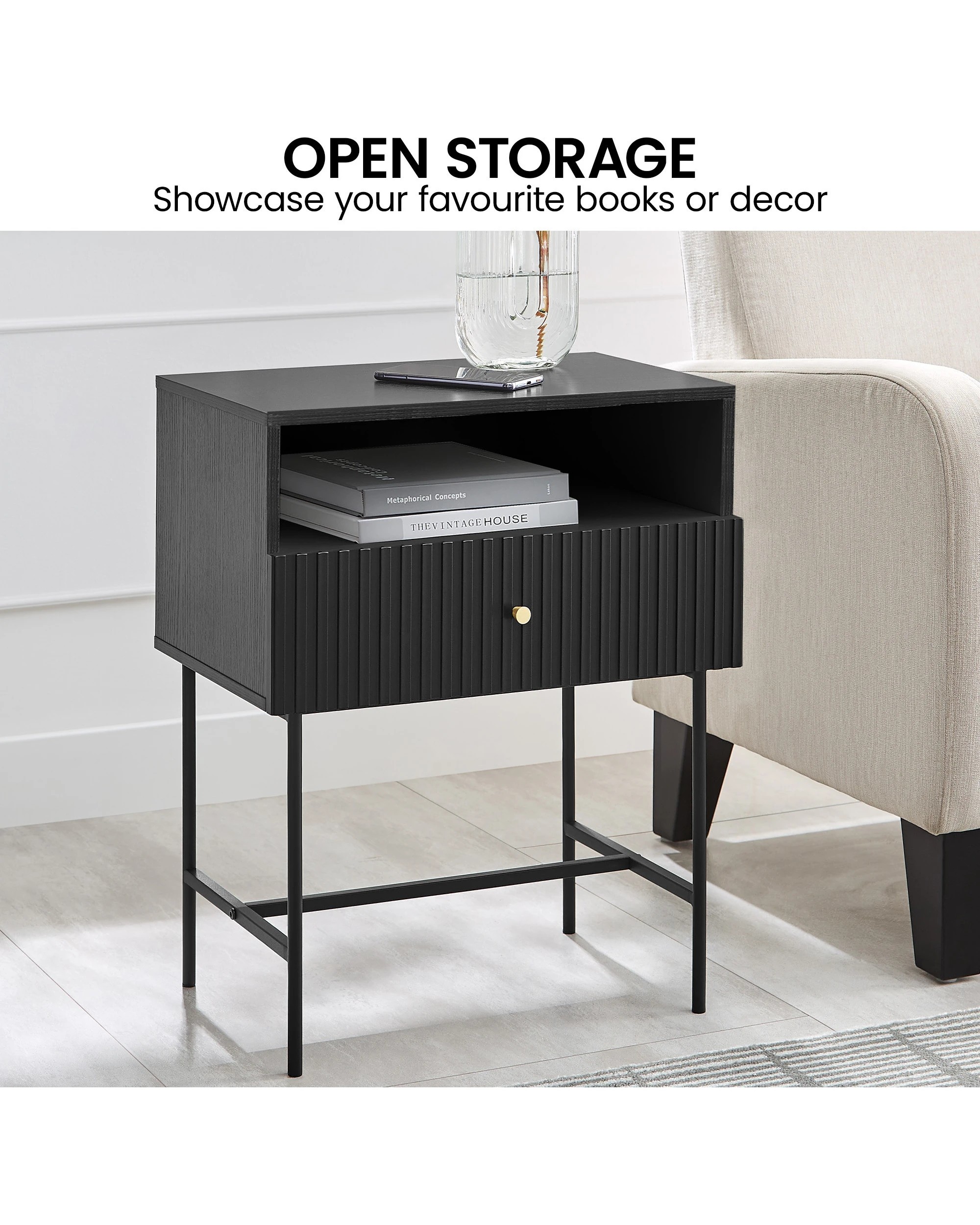 6 Sarantino Cecil Slender Fluted Bedside Table In Black, 6 of 10