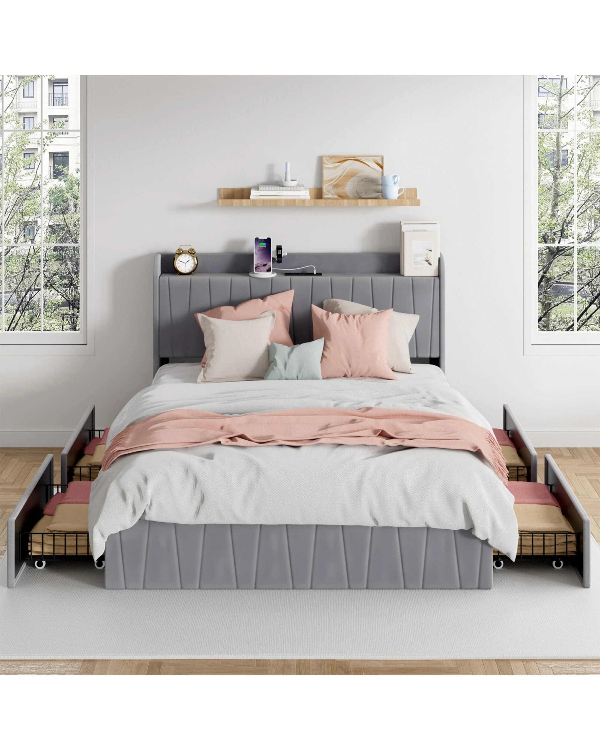 2 Advwin Queen Bed Frame With 4 Storage Drawers & Charging Station Grey, 2 of 7