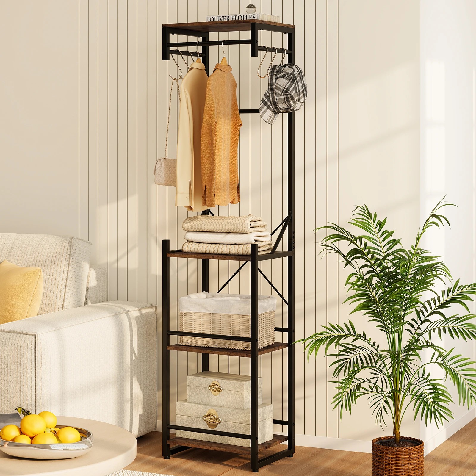 2 Costway Coat Rack Clothes Stand Hall Tree Shoe Rack w/Hook Shelf Hanging Rod Metal Storage Organiser - Brown, 2 of 4