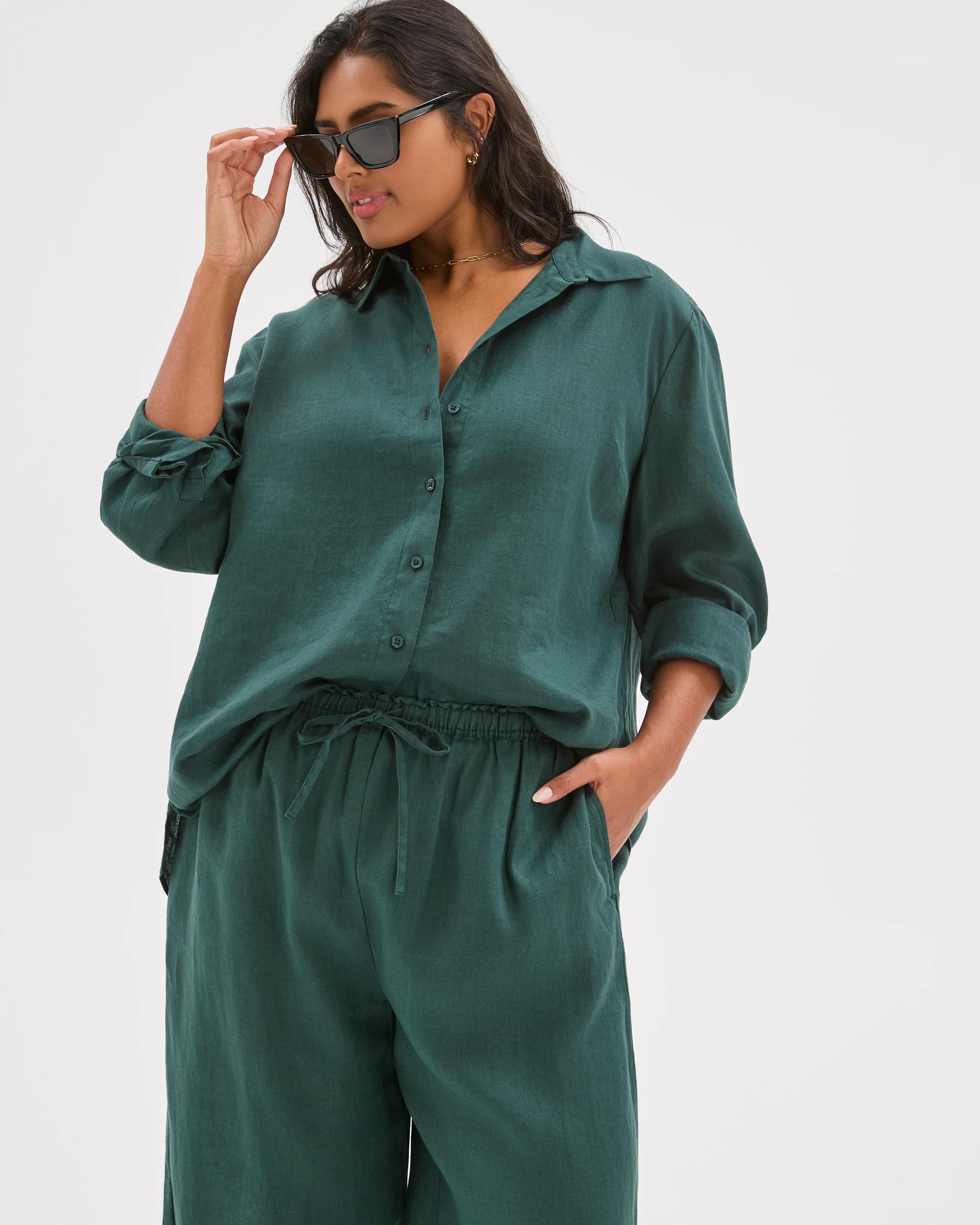 2 Target Curve Plus Size European Linen Shirt DEEP GREEN, 2 of 6