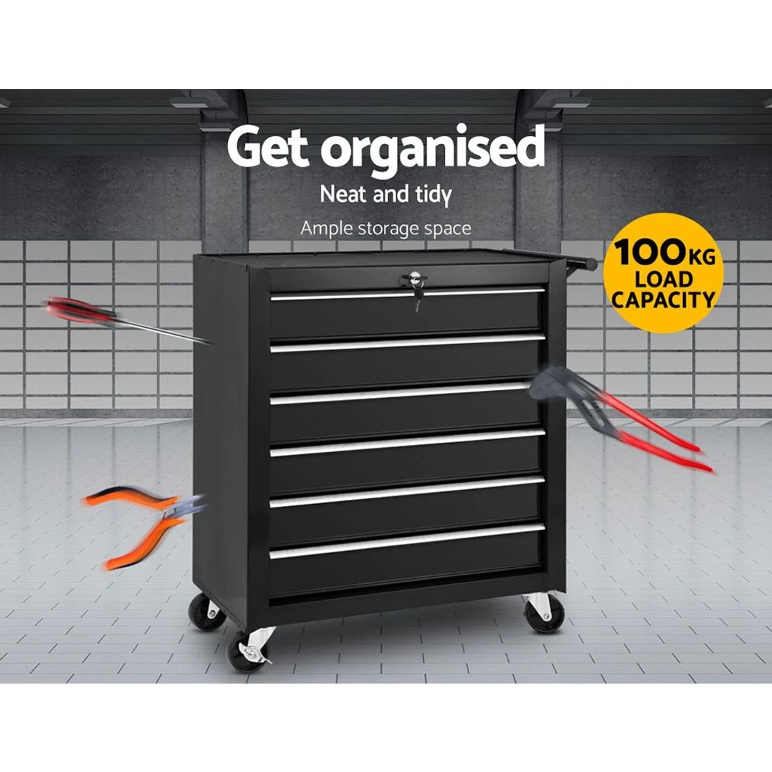 3 Giantz 6 Drawer Tool Box Cabinet Chest Trolley Cart Garage Toolbox - Black, 3 of 7