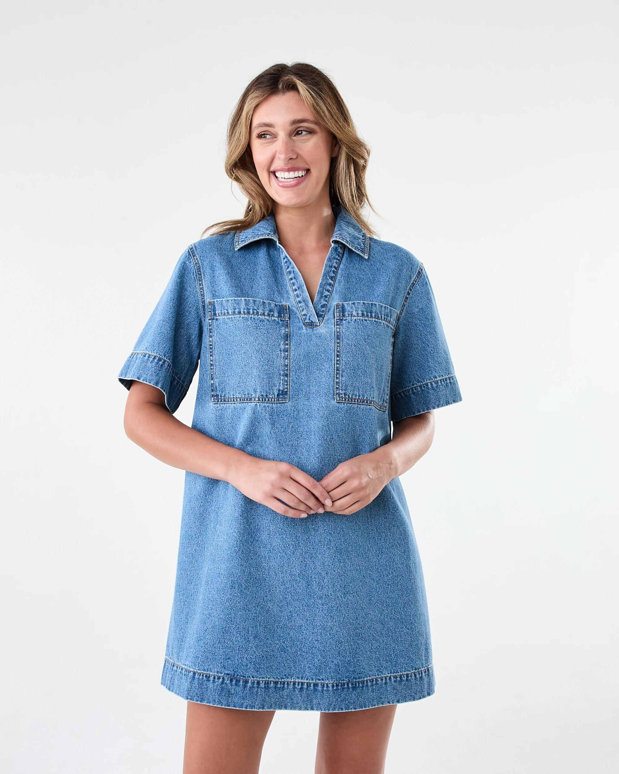 1 Short Sleeve Boxy V-Neck Denim Dress Mid Wash, 1 of 8
