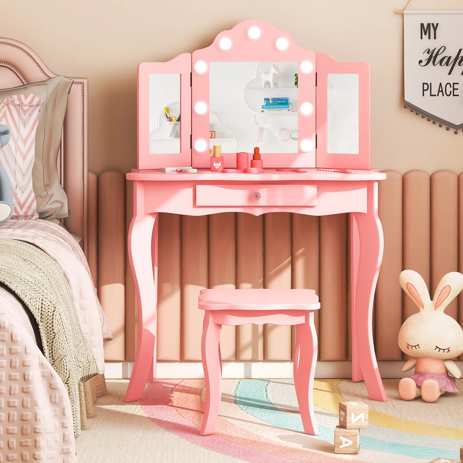 1 Costway Dressing Table Stool Set Princess w/Tri-Folding Mirror - Pink, 1 of 3